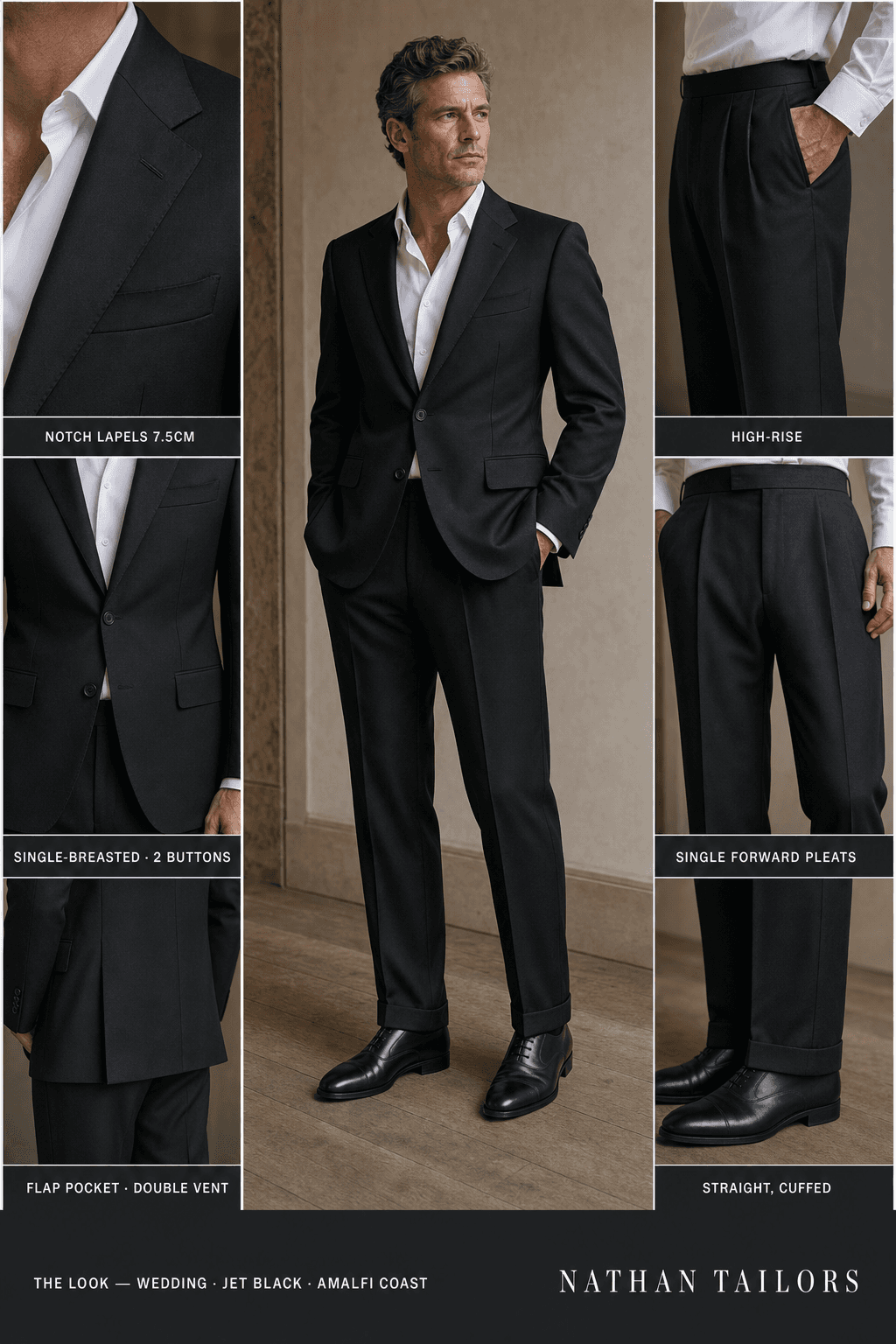 jet black single-breasted notch-lapel online custom suit — designed online at RemoteSuit. Made-to-measure online custom suit available from $129.