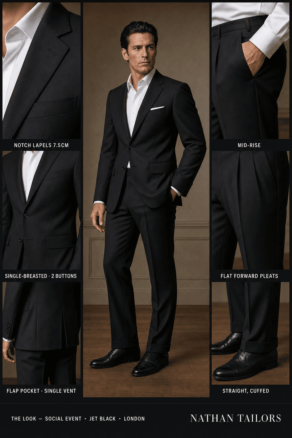 jet black single-breasted notch-lapel online custom suit — designed online at RemoteSuit. Made-to-measure online custom suit available from $129.