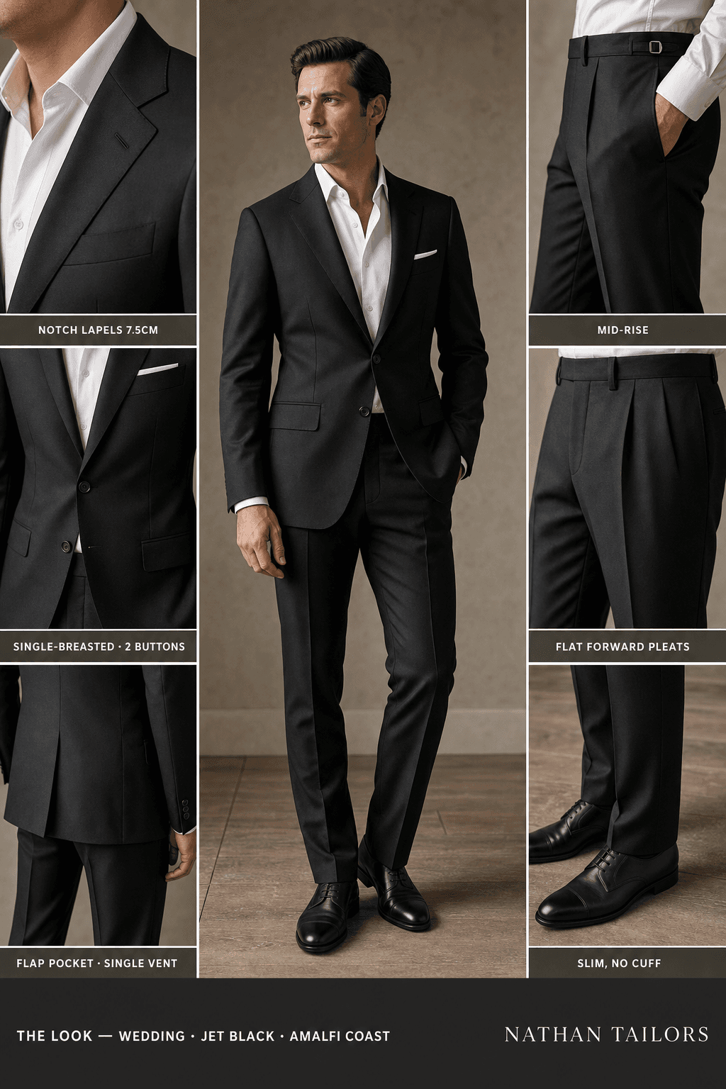jet black single-breasted notch-lapel online custom suit — designed online at RemoteSuit. Made-to-measure online custom suit available from $129.