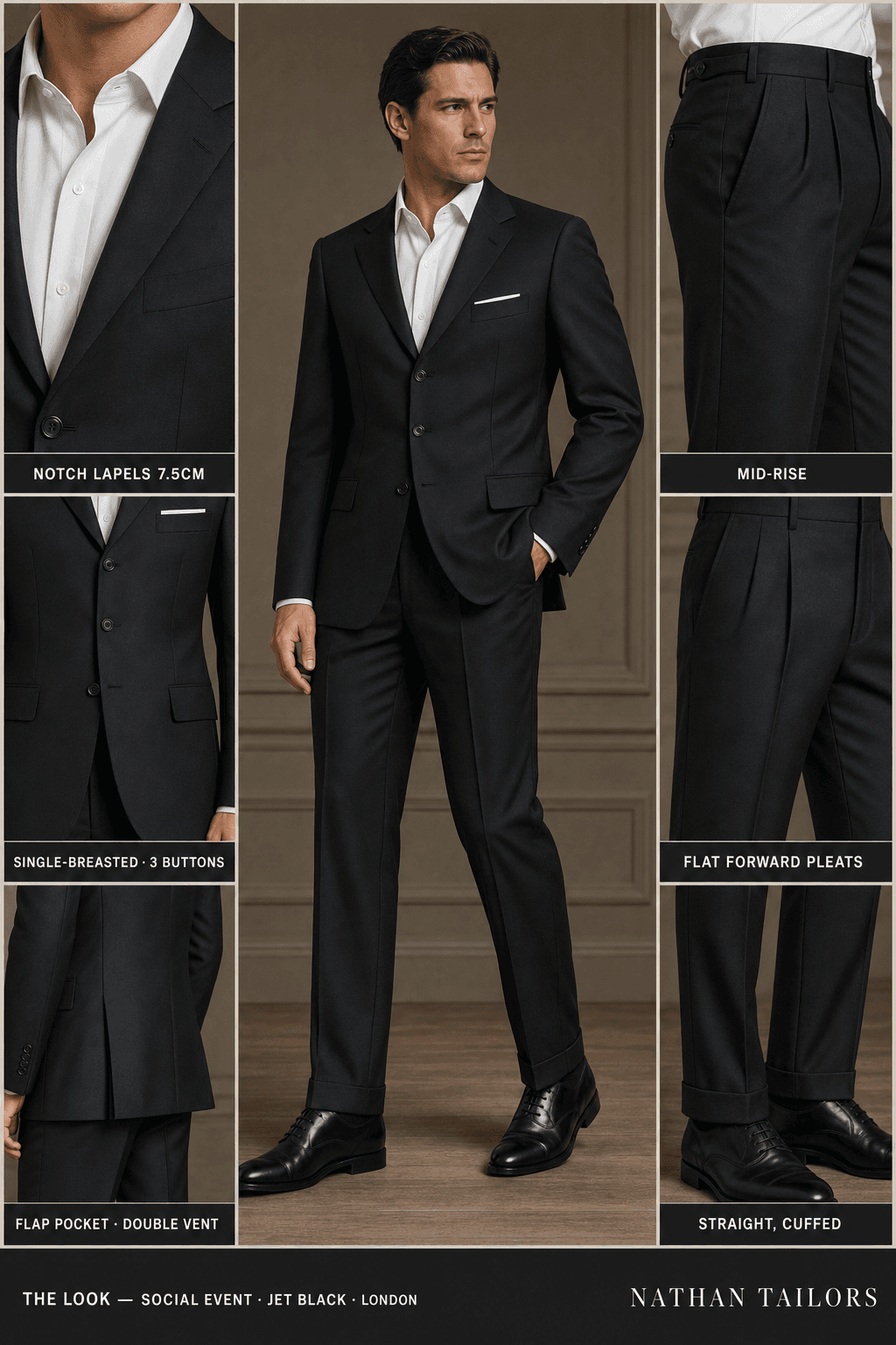 jet black single-breasted notch-lapel online custom suit — designed online at RemoteSuit. Made-to-measure online custom suit available from $129.