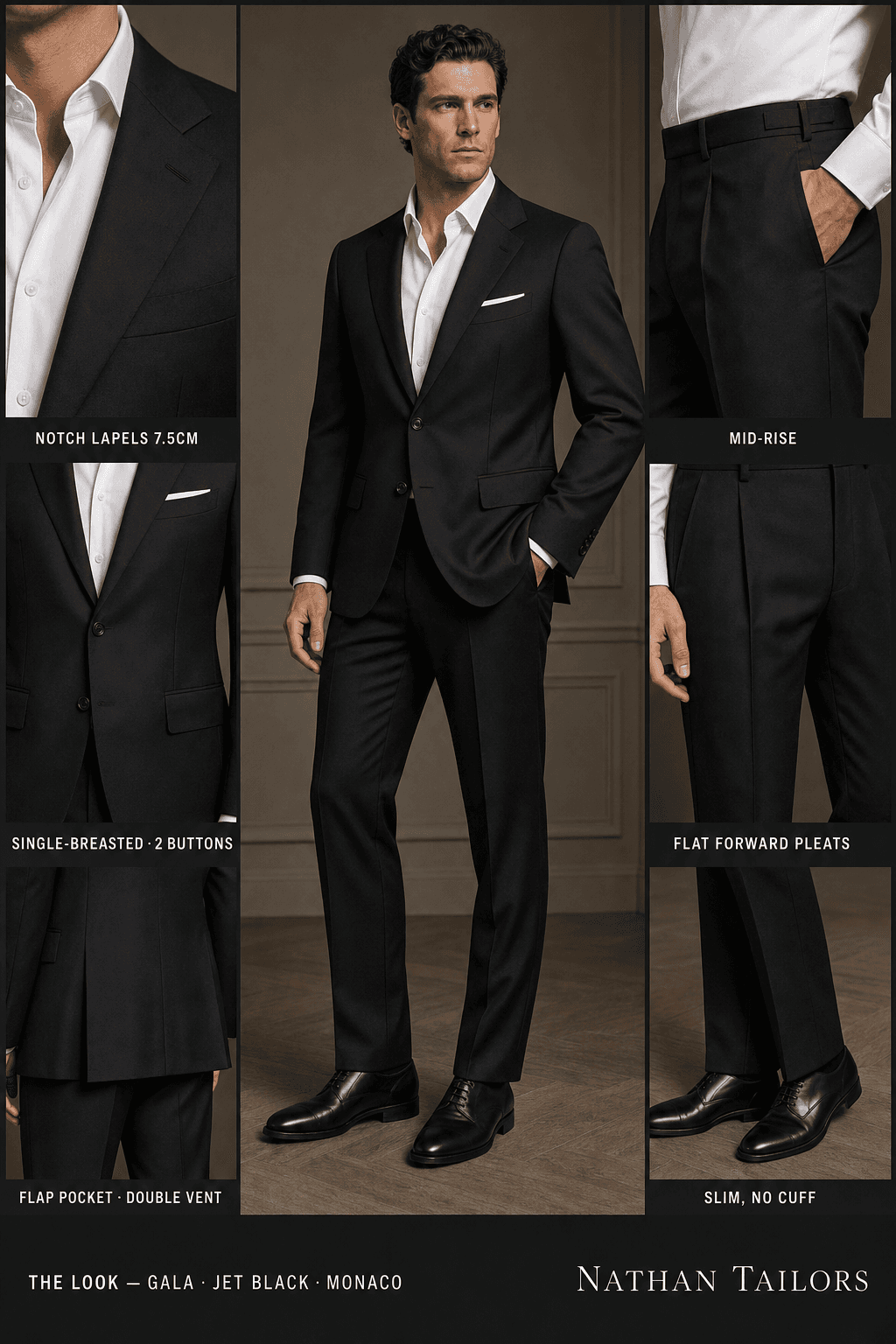jet black single-breasted notch-lapel online custom suit — designed online at RemoteSuit. Made-to-measure online custom suit available from $149.