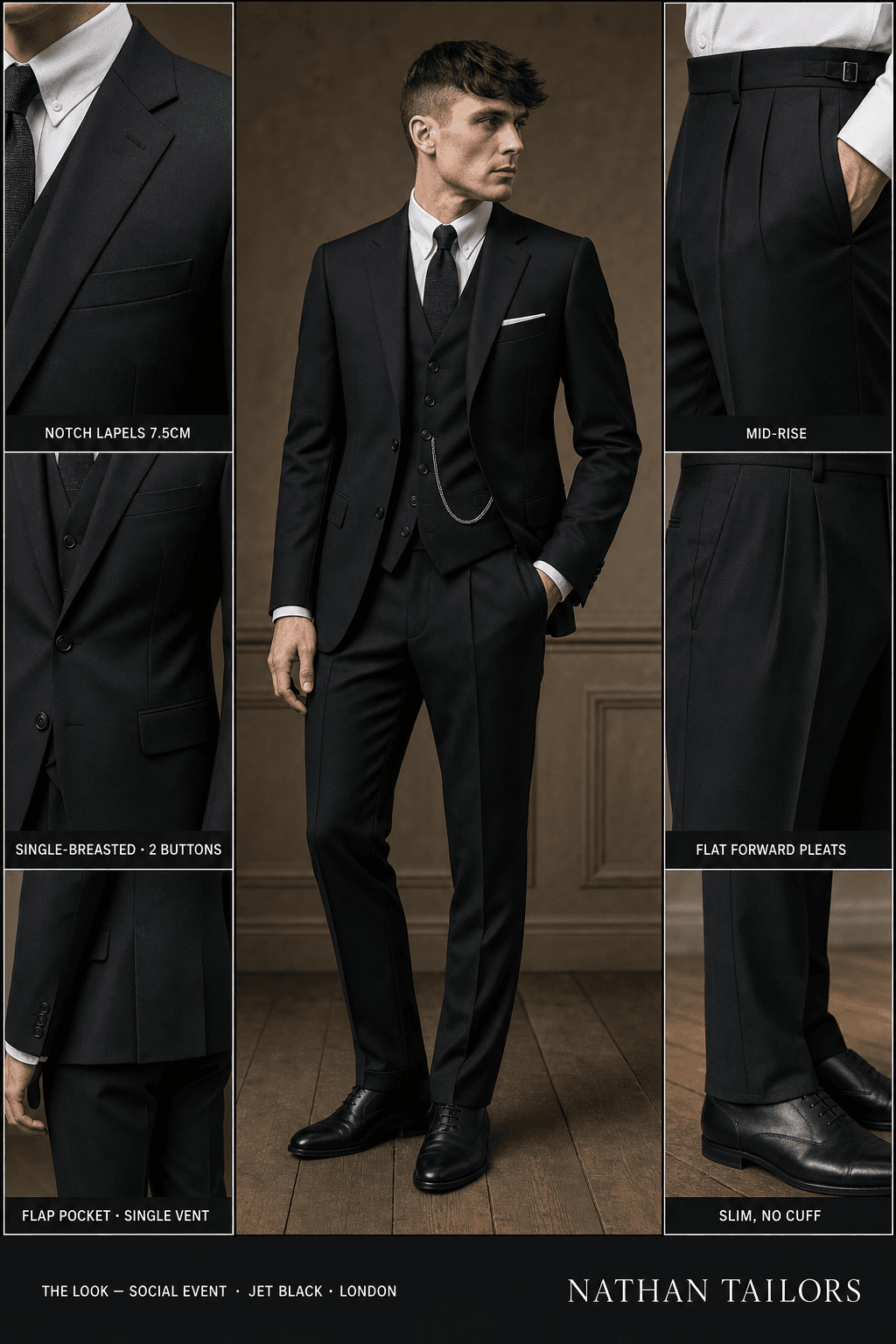 jet black single-breasted notch-lapel online custom suit — designed online at RemoteSuit. Made-to-measure online custom suit available from $129.