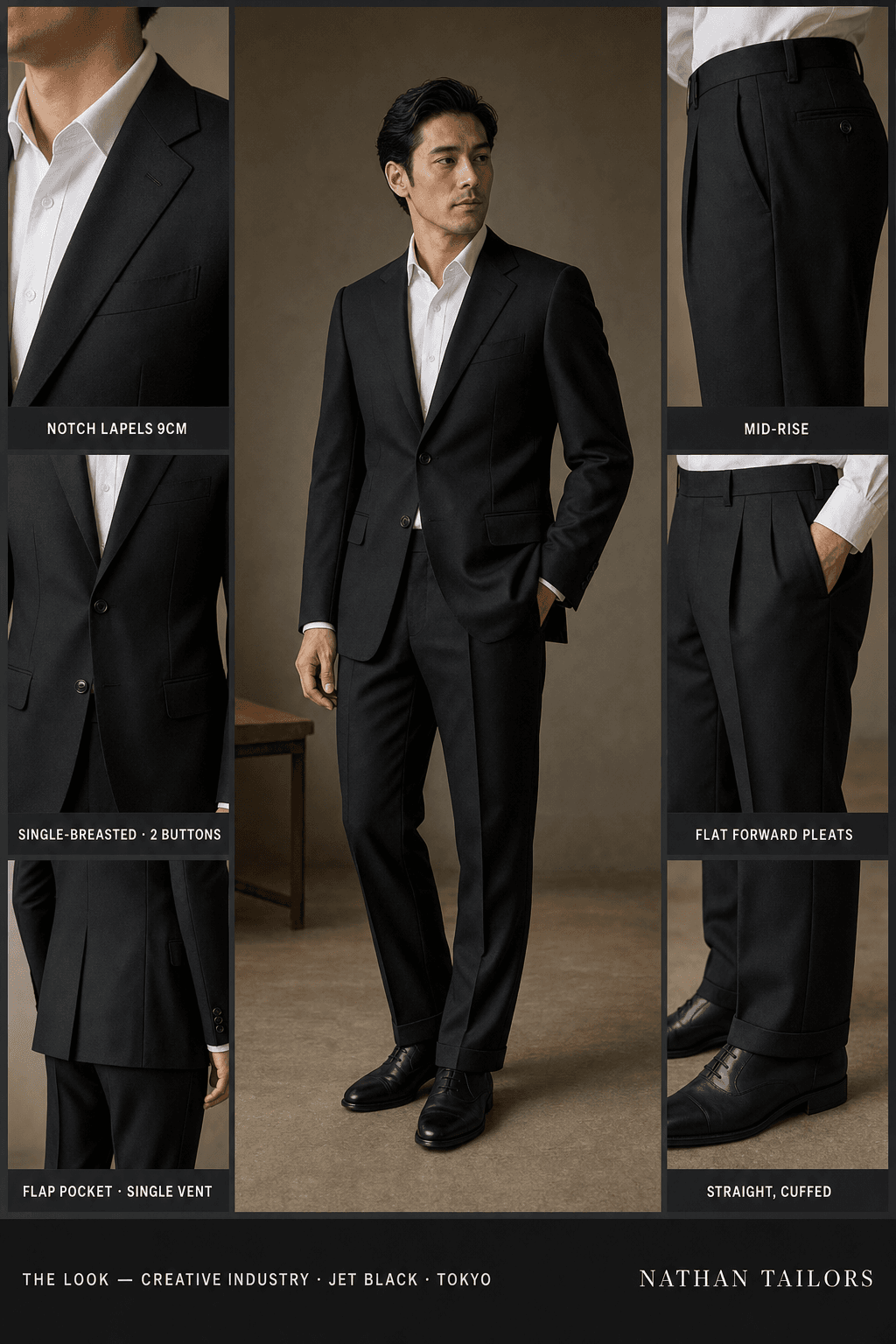 jet black single-breasted notch-lapel online custom suit — designed online at RemoteSuit. Made-to-measure online custom suit available from $149.