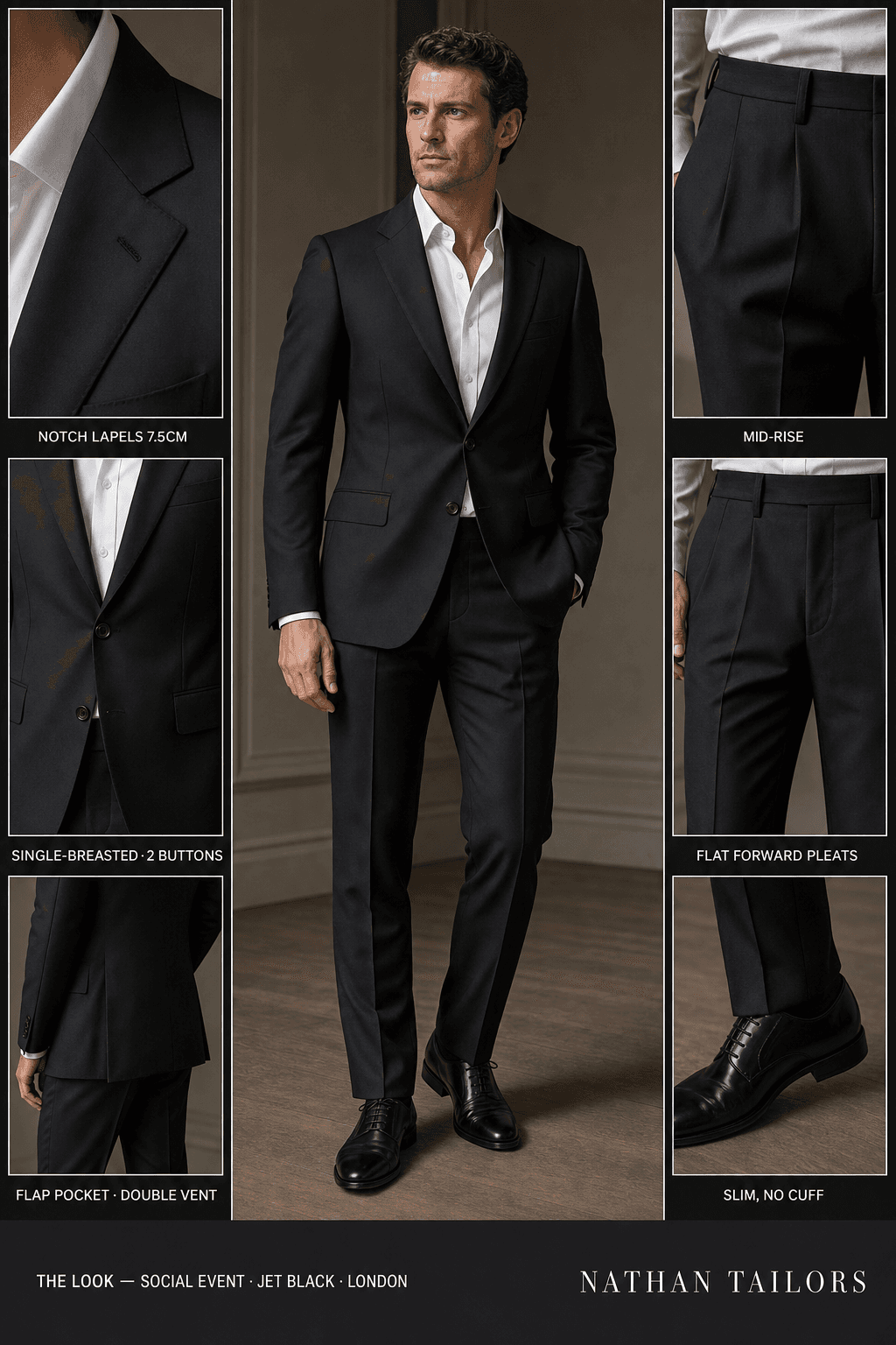 jet black single-breasted notch-lapel online custom suit — designed online at RemoteSuit. Made-to-measure online custom suit available from $149.