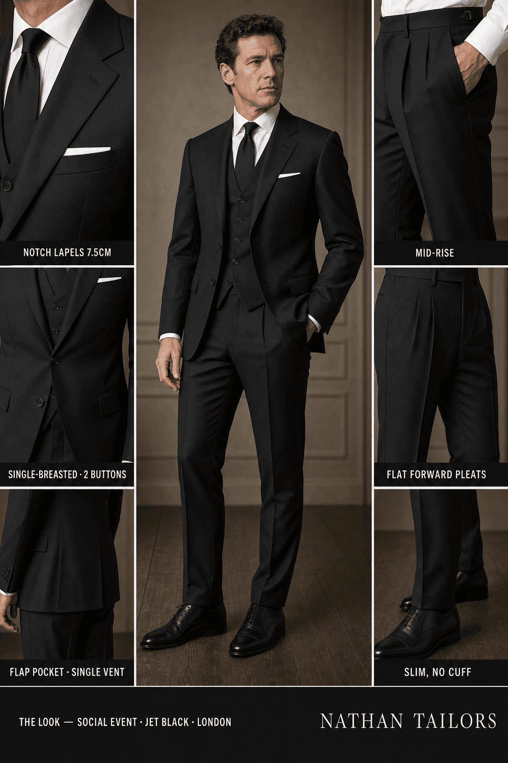 jet black single-breasted notch-lapel online custom suit — designed online at RemoteSuit. Made-to-measure online custom suit available from $149.