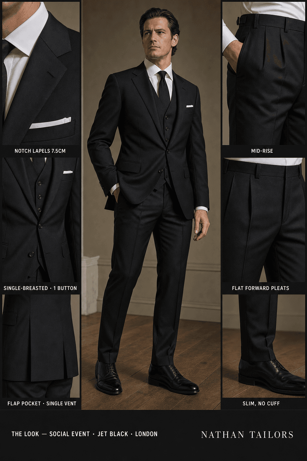 jet black single-breasted notch-lapel online custom suit — designed online at RemoteSuit. Made-to-measure online custom suit available from $129.
