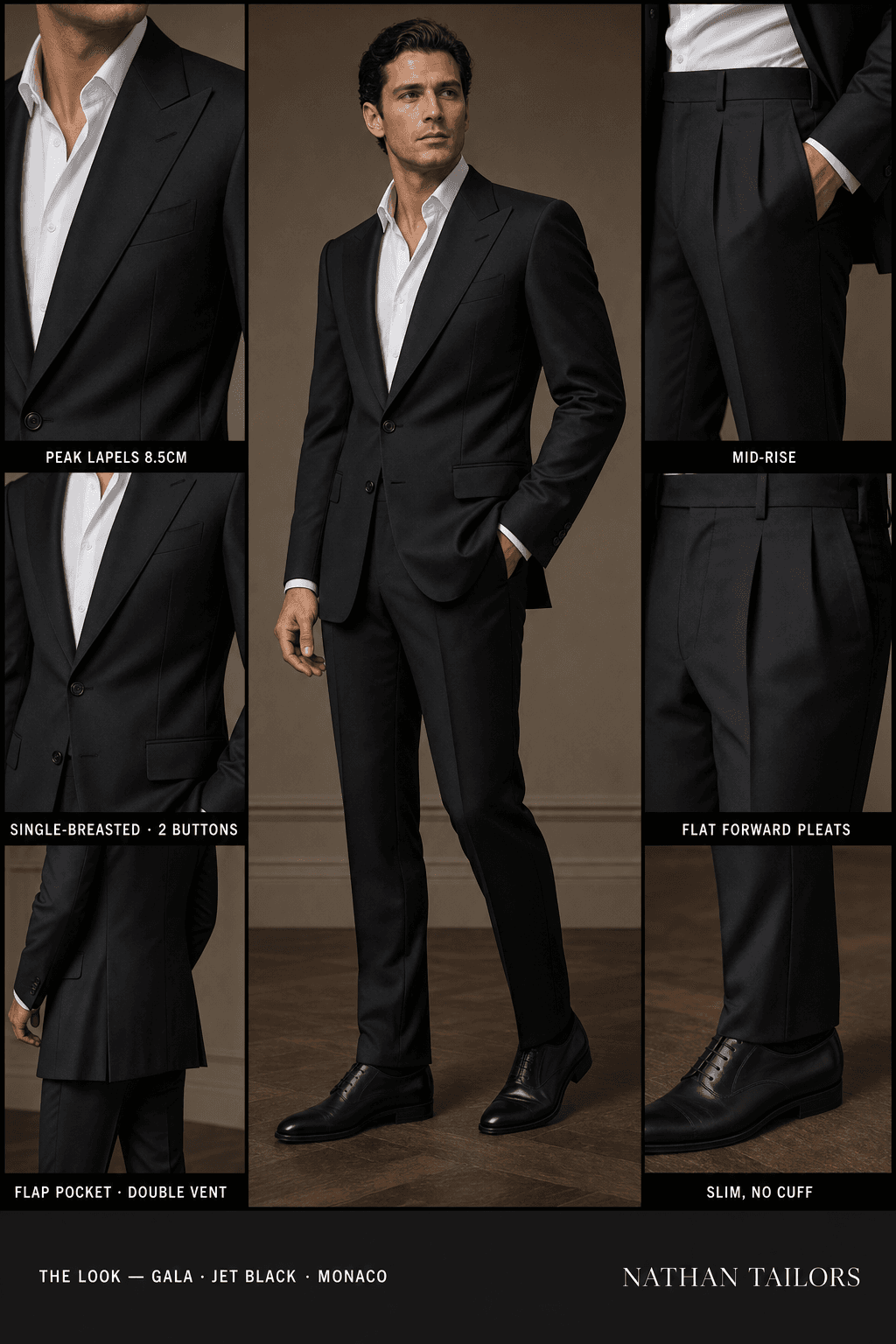 jet black single-breasted peak-lapel online custom suit — designed online at RemoteSuit. Made-to-measure online custom suit available from $129.