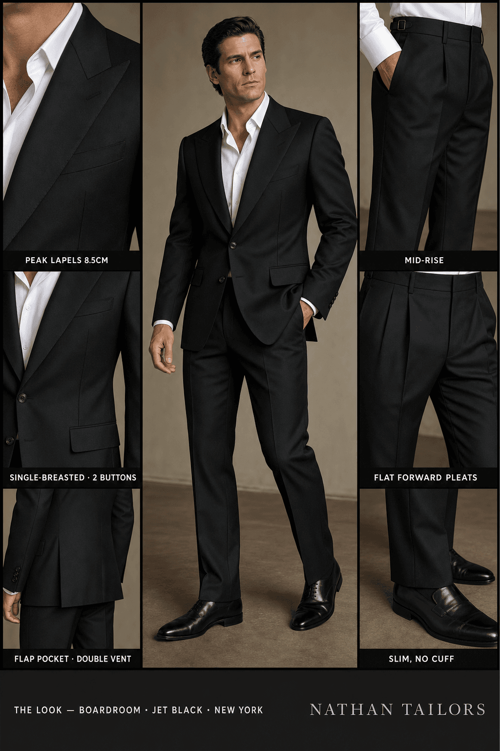 jet black single-breasted peak-lapel online custom suit — designed online at RemoteSuit. Made-to-measure online custom suit available from $129.