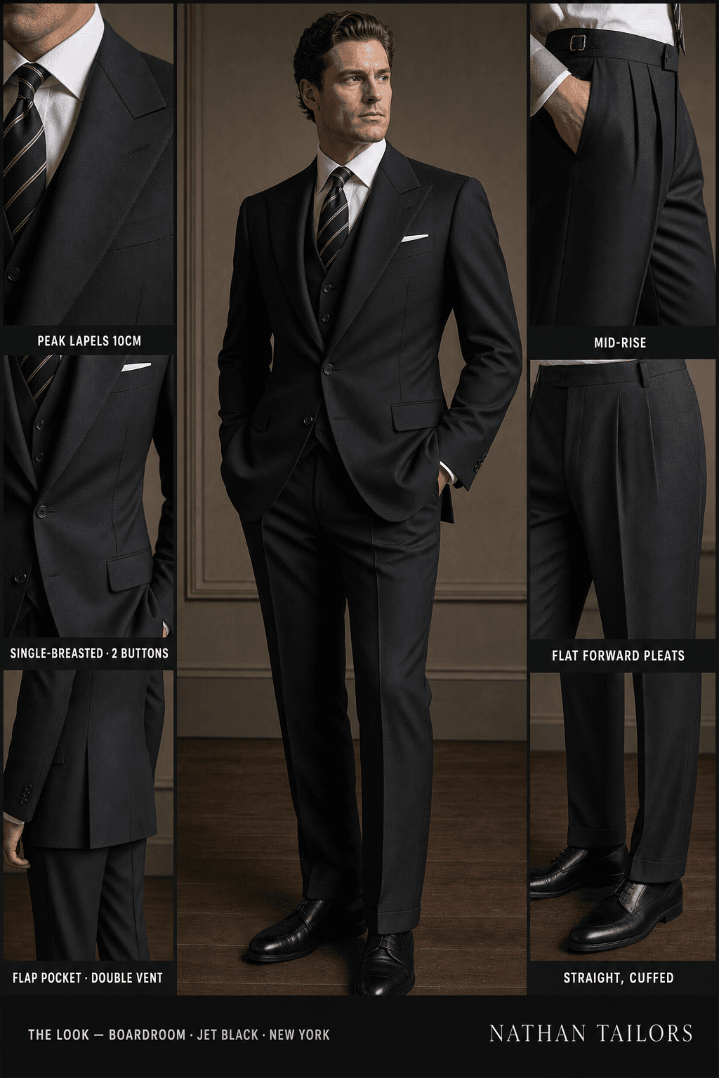 jet black single-breasted peak-lapel online custom suit — designed online at RemoteSuit. Made-to-measure online custom suit available from $149.