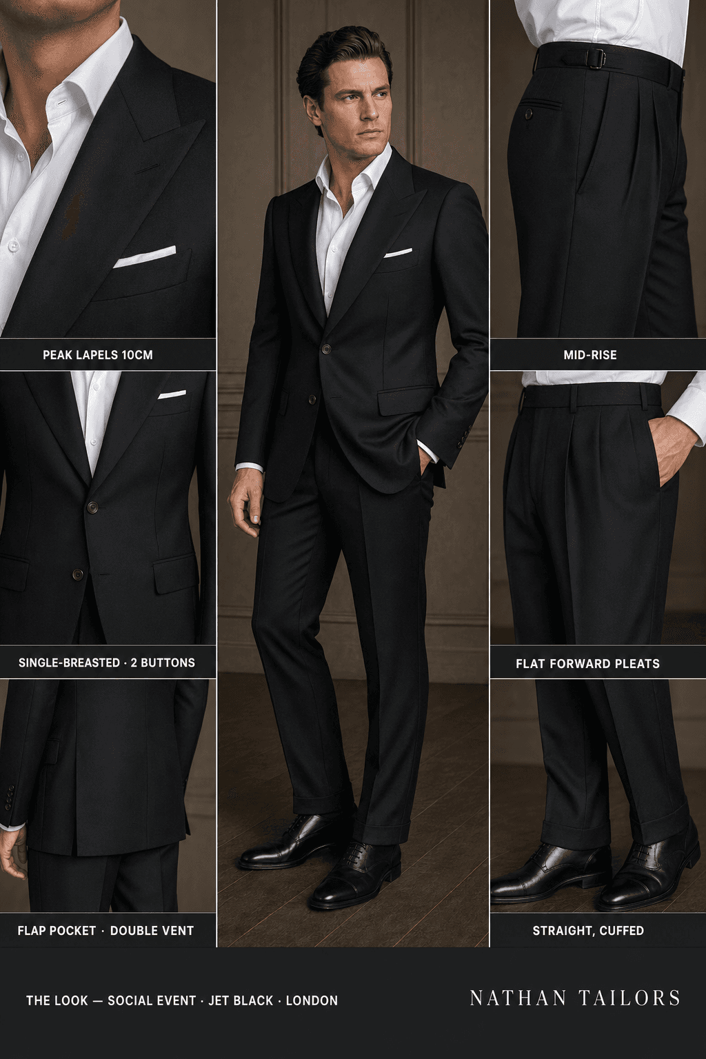 jet black single-breasted peak-lapel online custom suit — designed online at RemoteSuit. Made-to-measure online custom suit available from $129.