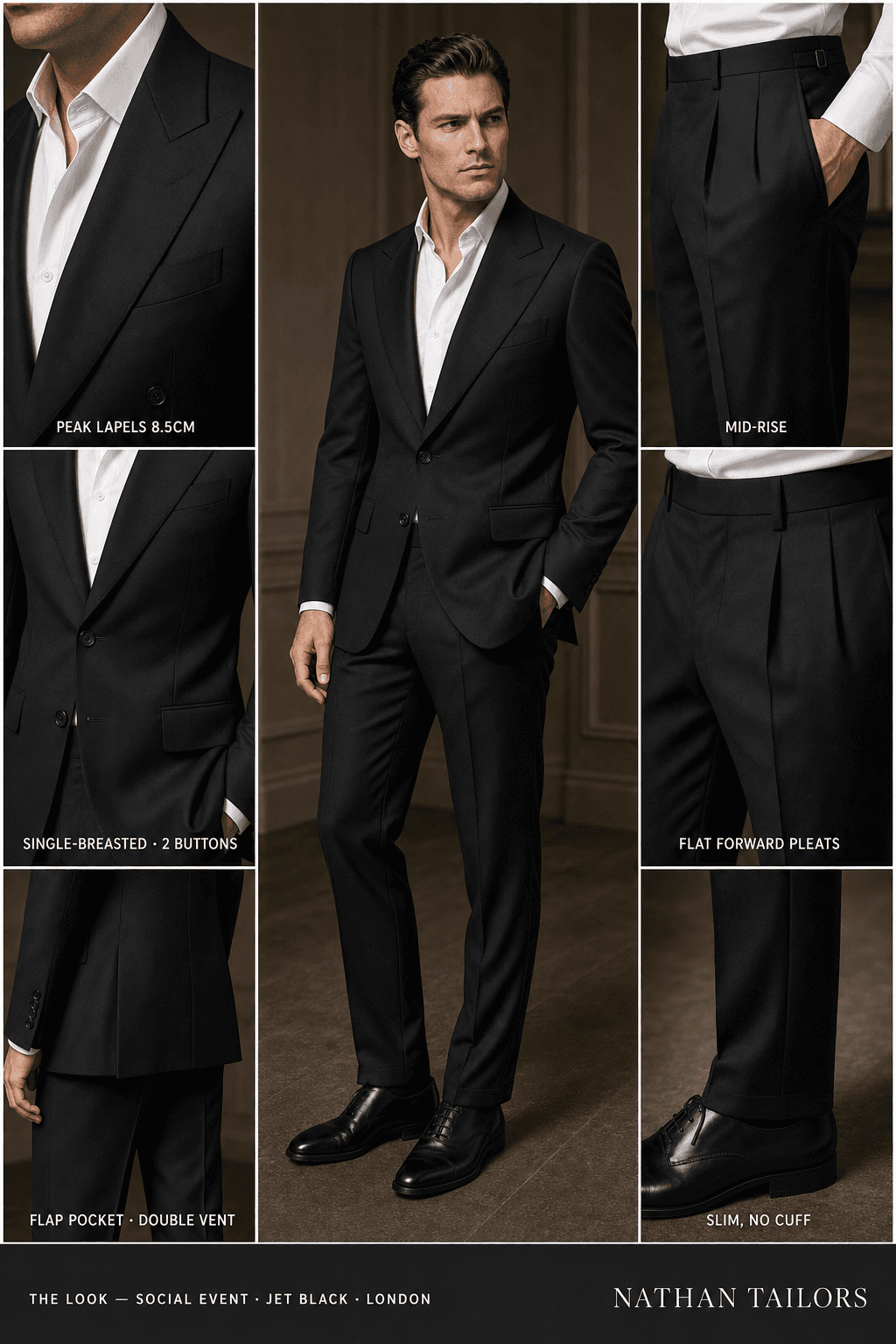 jet black single-breasted peak-lapel online custom suit — designed online at RemoteSuit. Made-to-measure online custom suit available from $129.