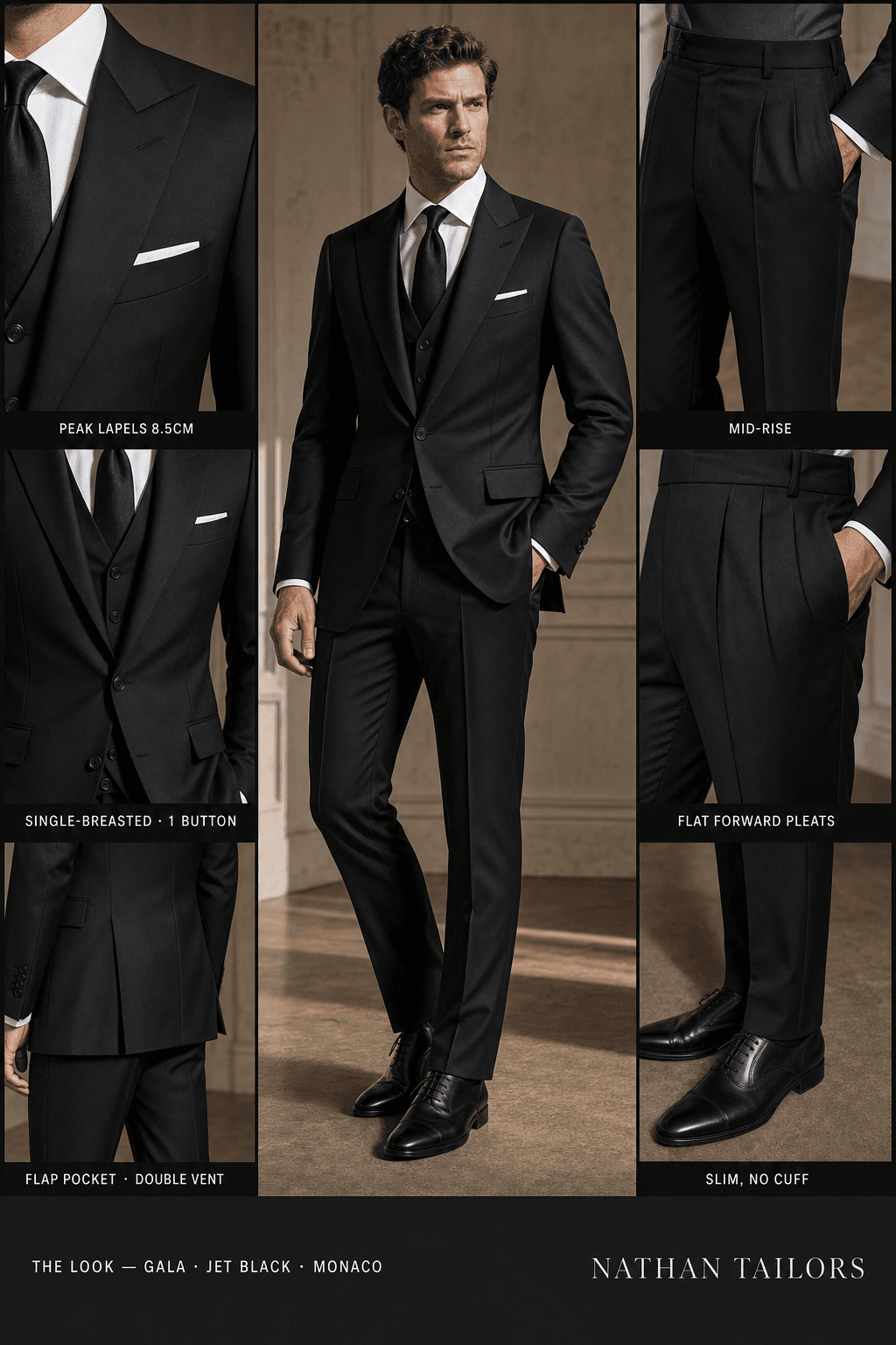 jet black single-breasted peak-lapel online custom suit — designed online at RemoteSuit. Made-to-measure online custom suit available from $149.