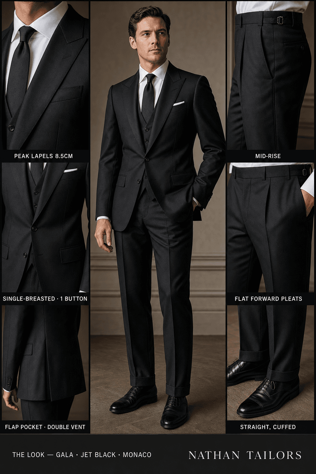 jet black single-breasted peak-lapel online custom suit — designed online at RemoteSuit. Made-to-measure online custom suit available from $129.