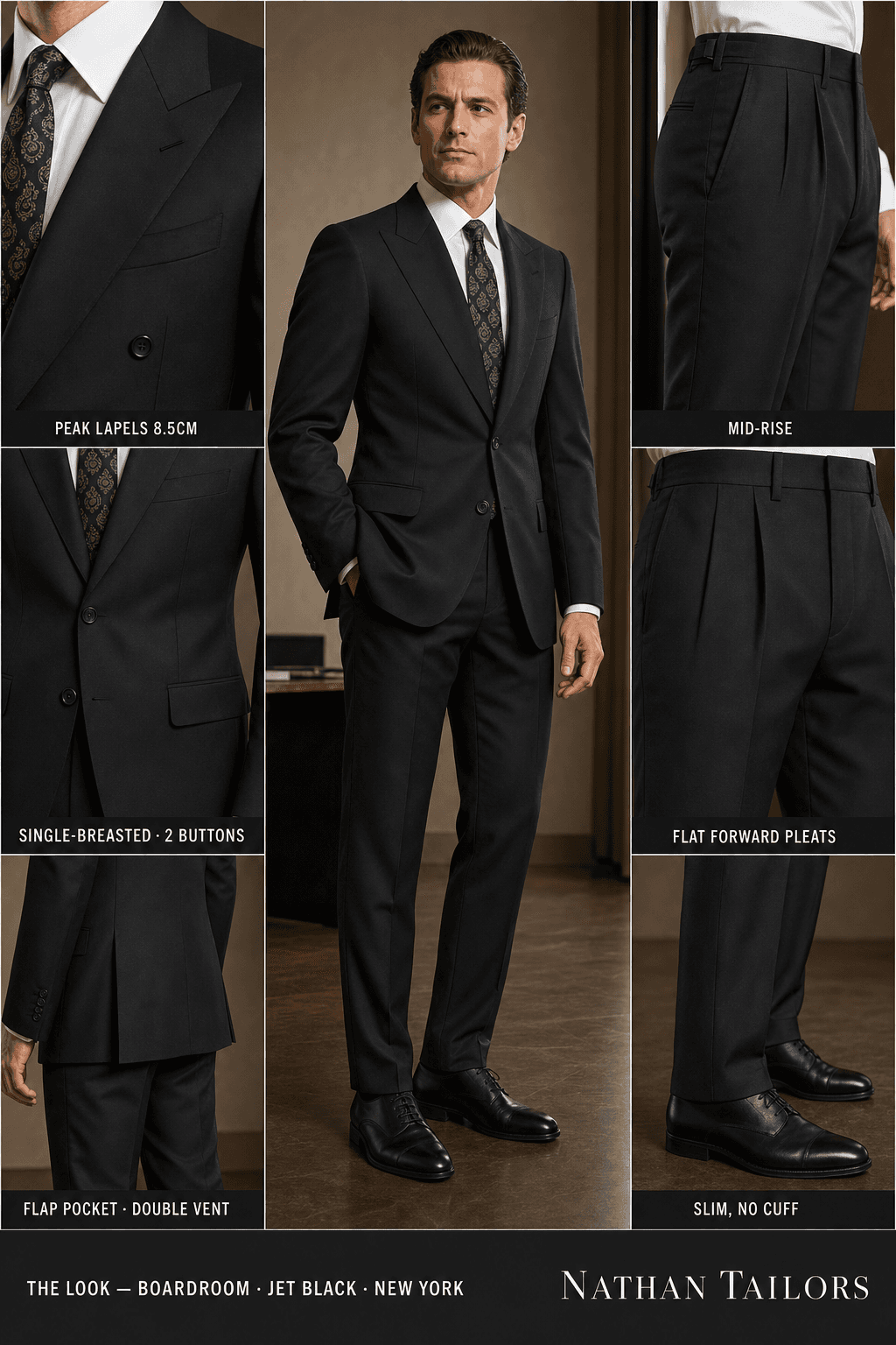 jet black single-breasted peak-lapel online custom suit — designed online at RemoteSuit. Made-to-measure online custom suit available from $129.