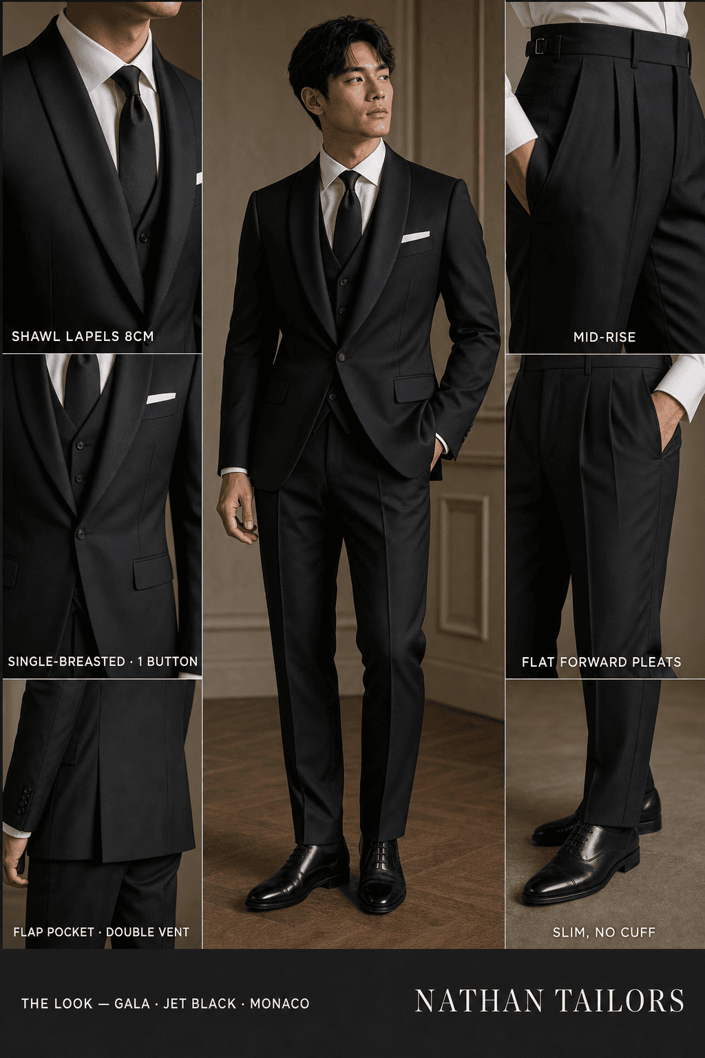 jet black single-breasted shawl-lapel online custom suit — designed online at RemoteSuit. Made-to-measure online custom suit available from $129.