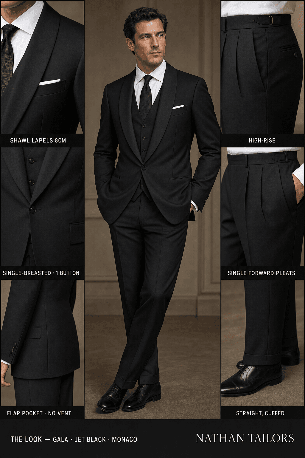 jet black single-breasted shawl-lapel online custom suit — designed online at RemoteSuit. Made-to-measure online custom suit available from $149.