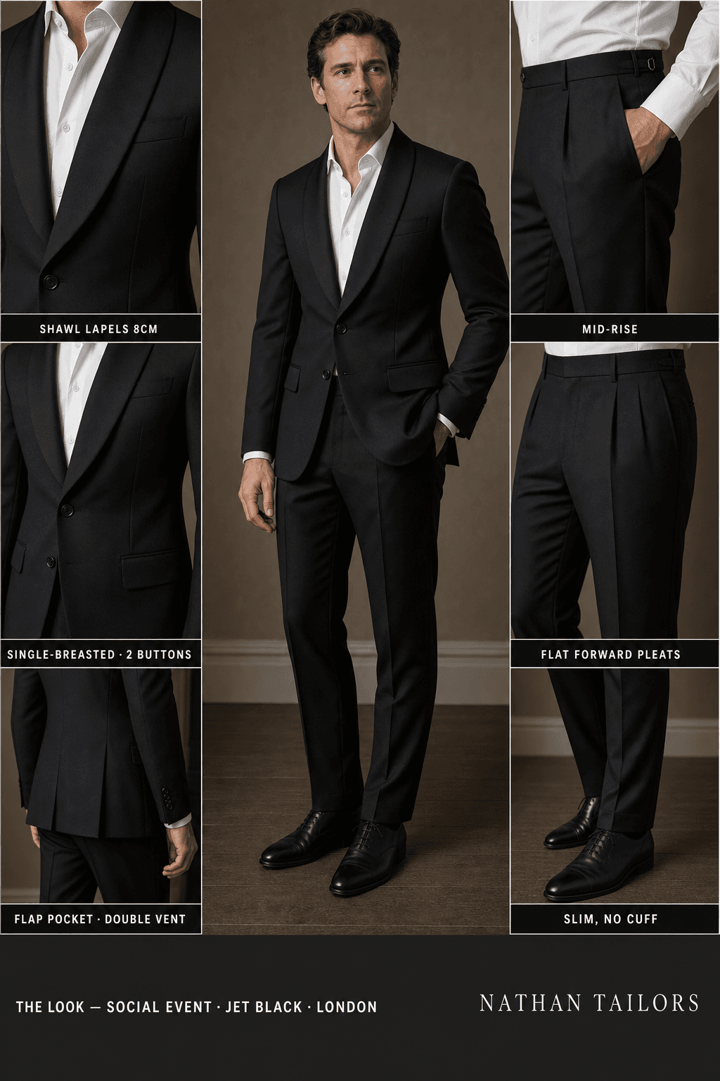 jet black single-breasted shawl-lapel online custom suit — designed online at RemoteSuit. Made-to-measure online custom suit available from $129.