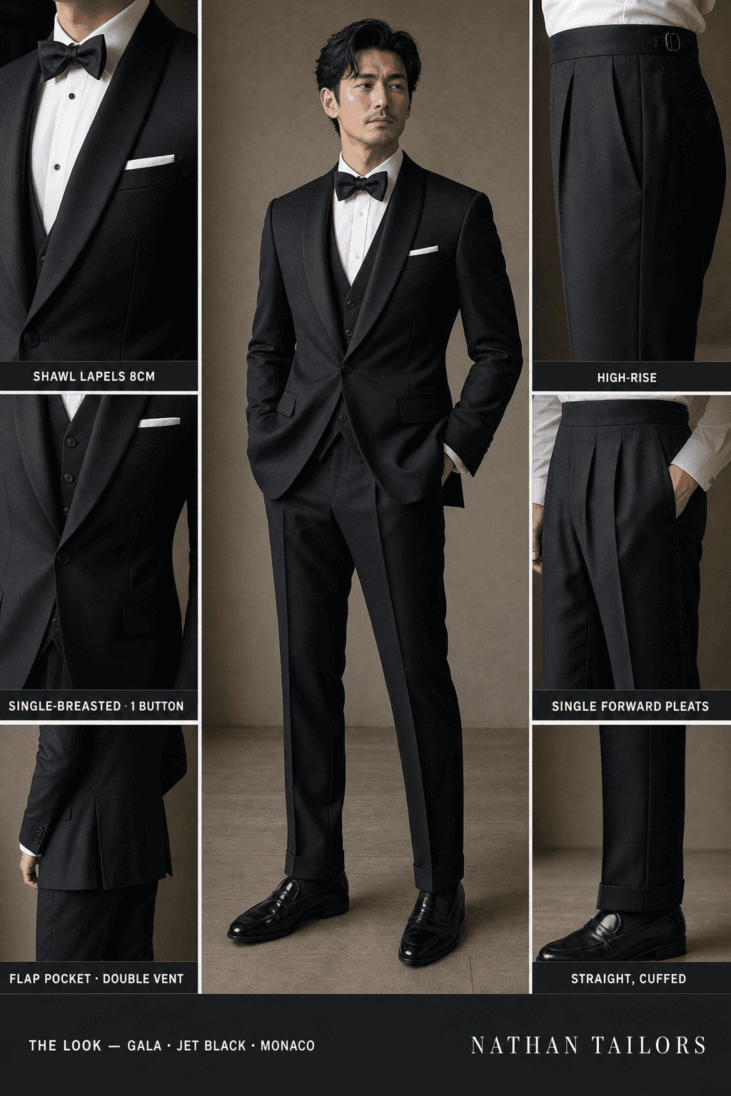 jet black single-breasted shawl-lapel online custom suit — designed online at RemoteSuit. Made-to-measure online custom suit available from $129.