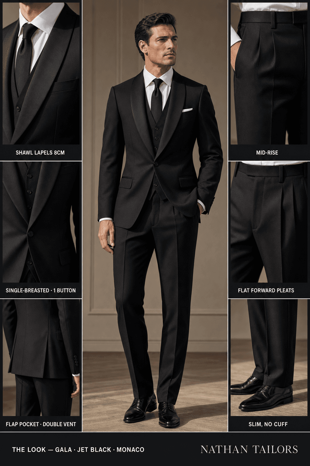 jet black single-breasted shawl-lapel online custom suit — designed online at RemoteSuit. Made-to-measure online custom suit available from $129.
