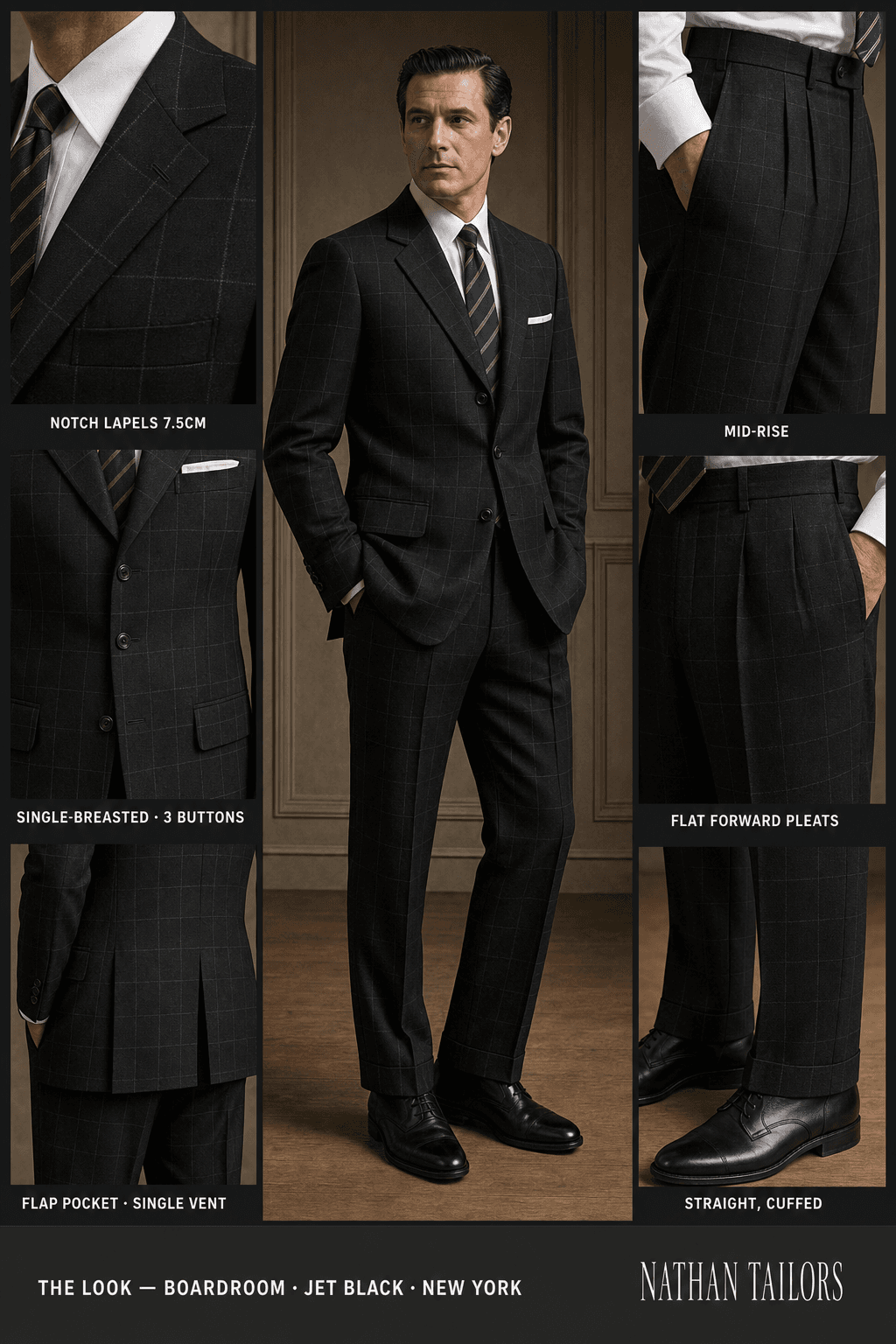 jet black windowpane single-breasted online custom suit — designed at RemoteSuit, made to measure online