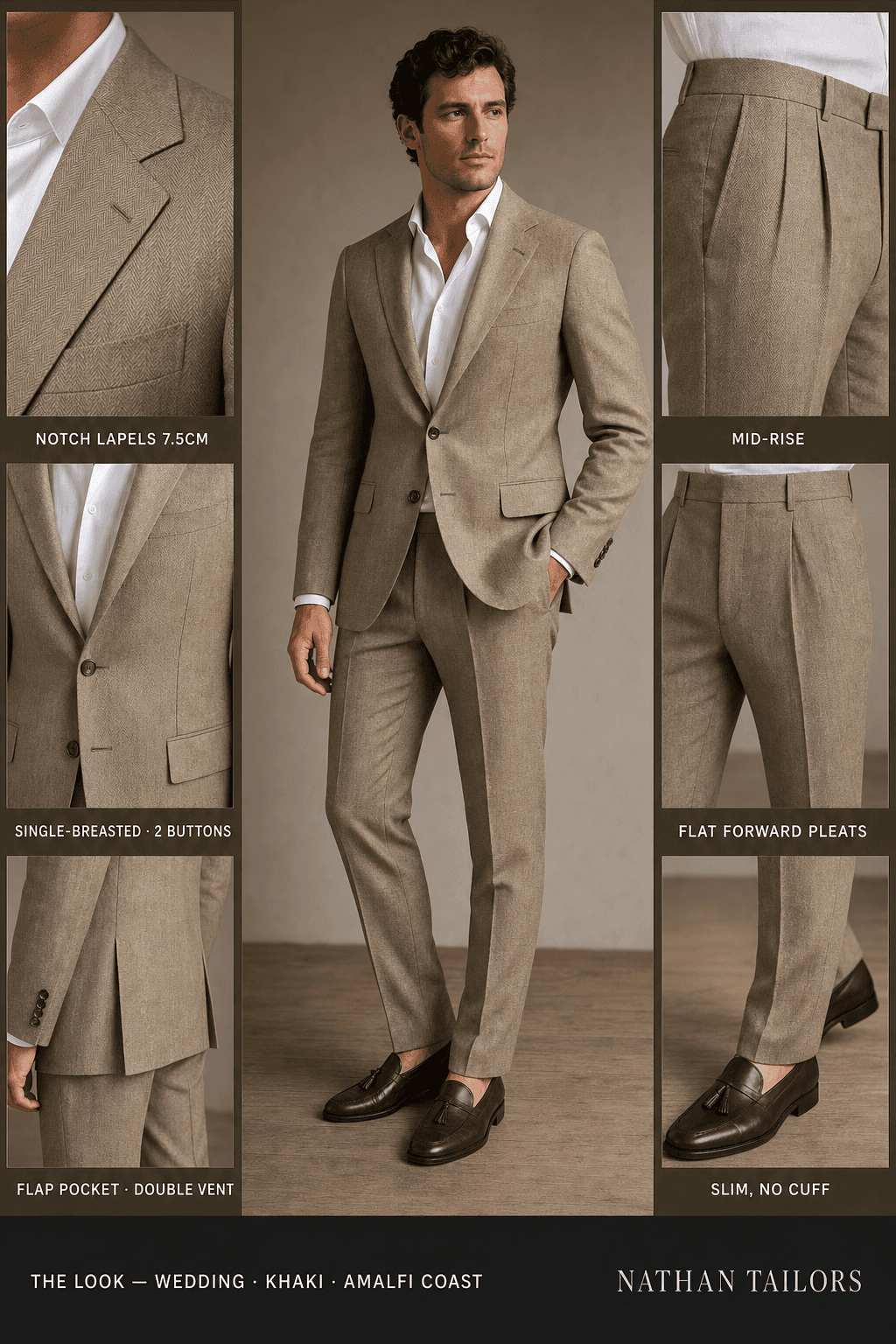 khaki herringbone single-breasted notch-lapel online custom suit — designed online at RemoteSuit. Made-to-measure online custom suit available from $129.