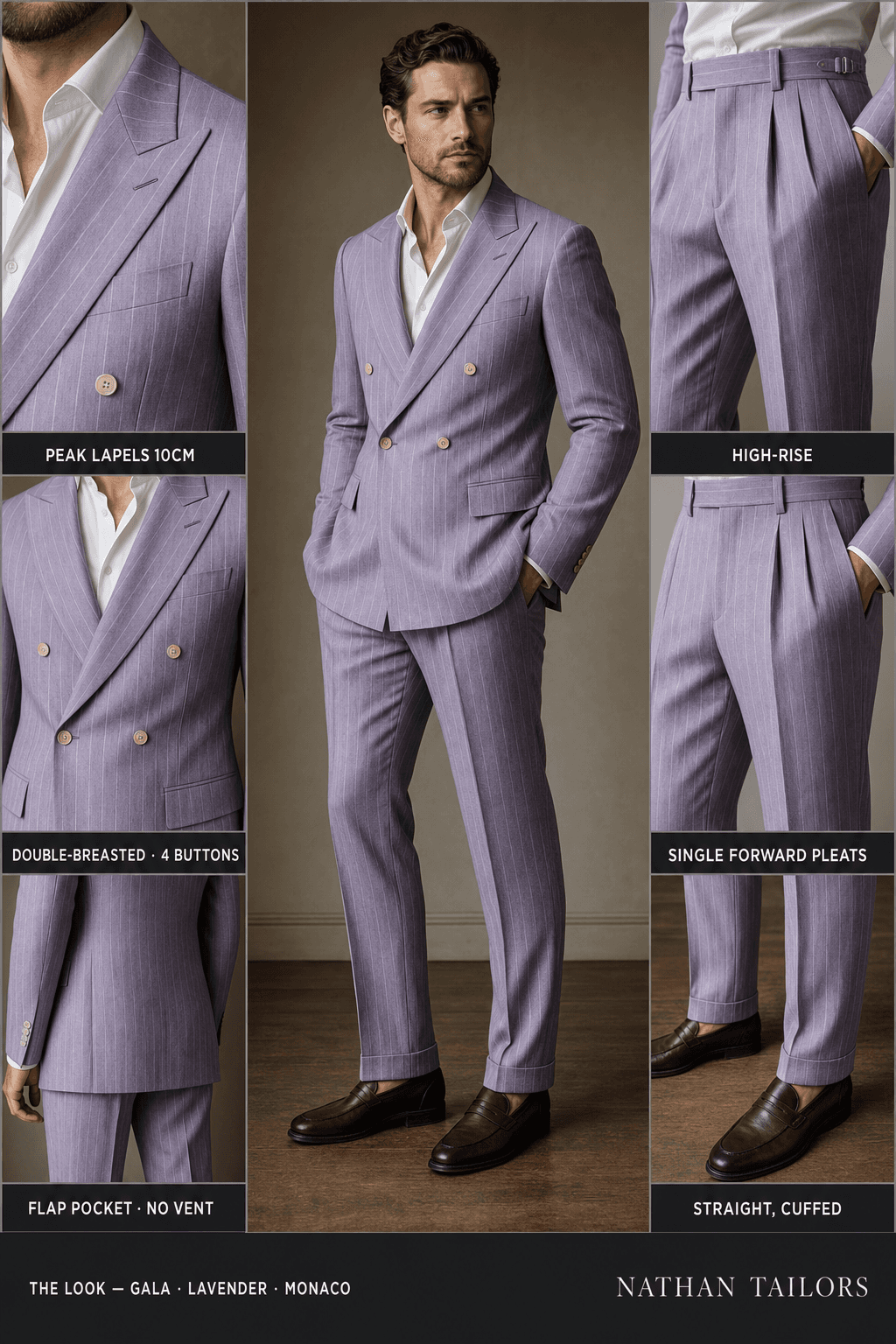 lavender chalk stripe double-breasted peak-lapel online custom suit — designed online at RemoteSuit. Made-to-measure online custom suit available from $129.