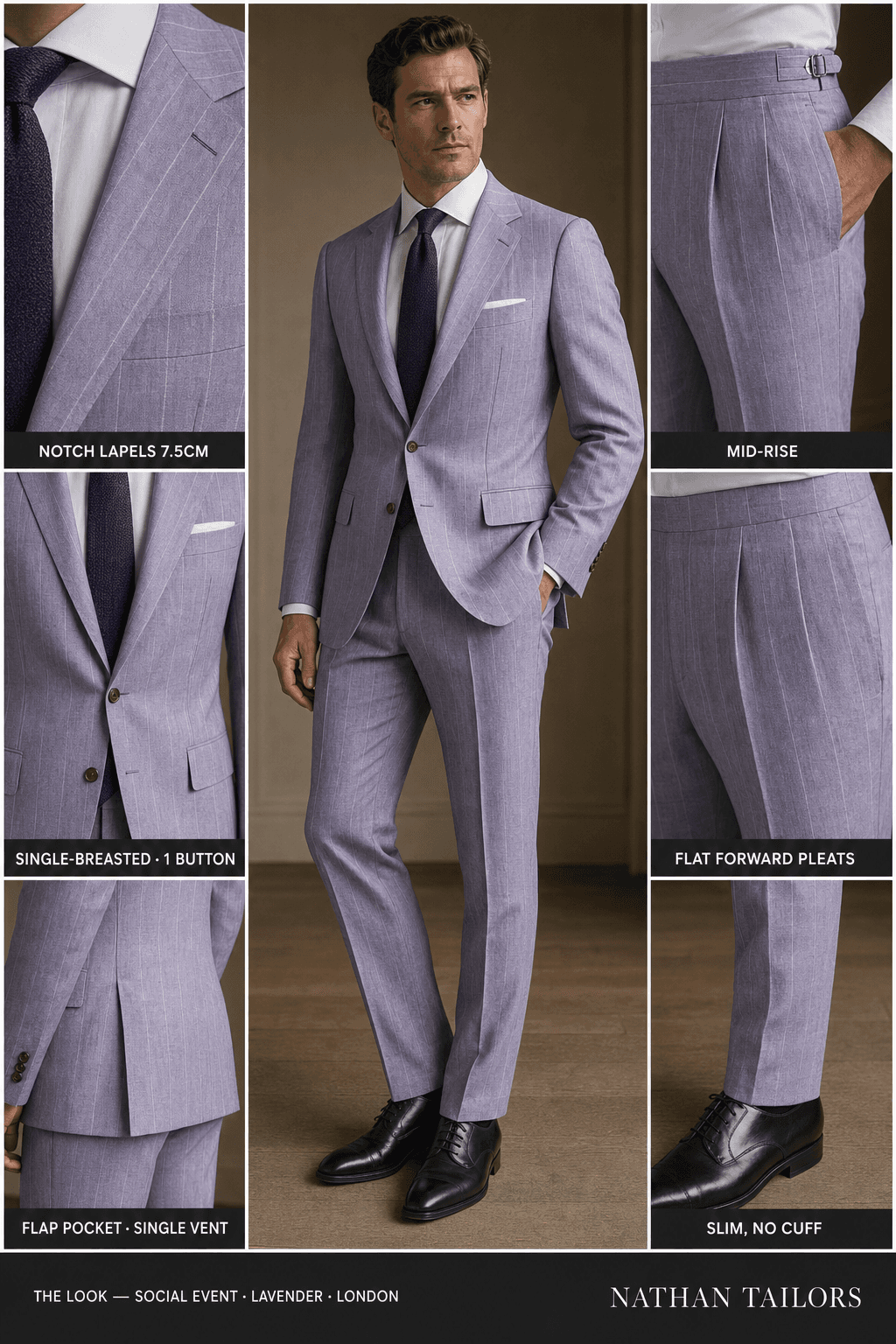 lavender pinstripe single-breasted notch-lapel online custom suit — designed online at RemoteSuit. Made-to-measure online custom suit available from $129.