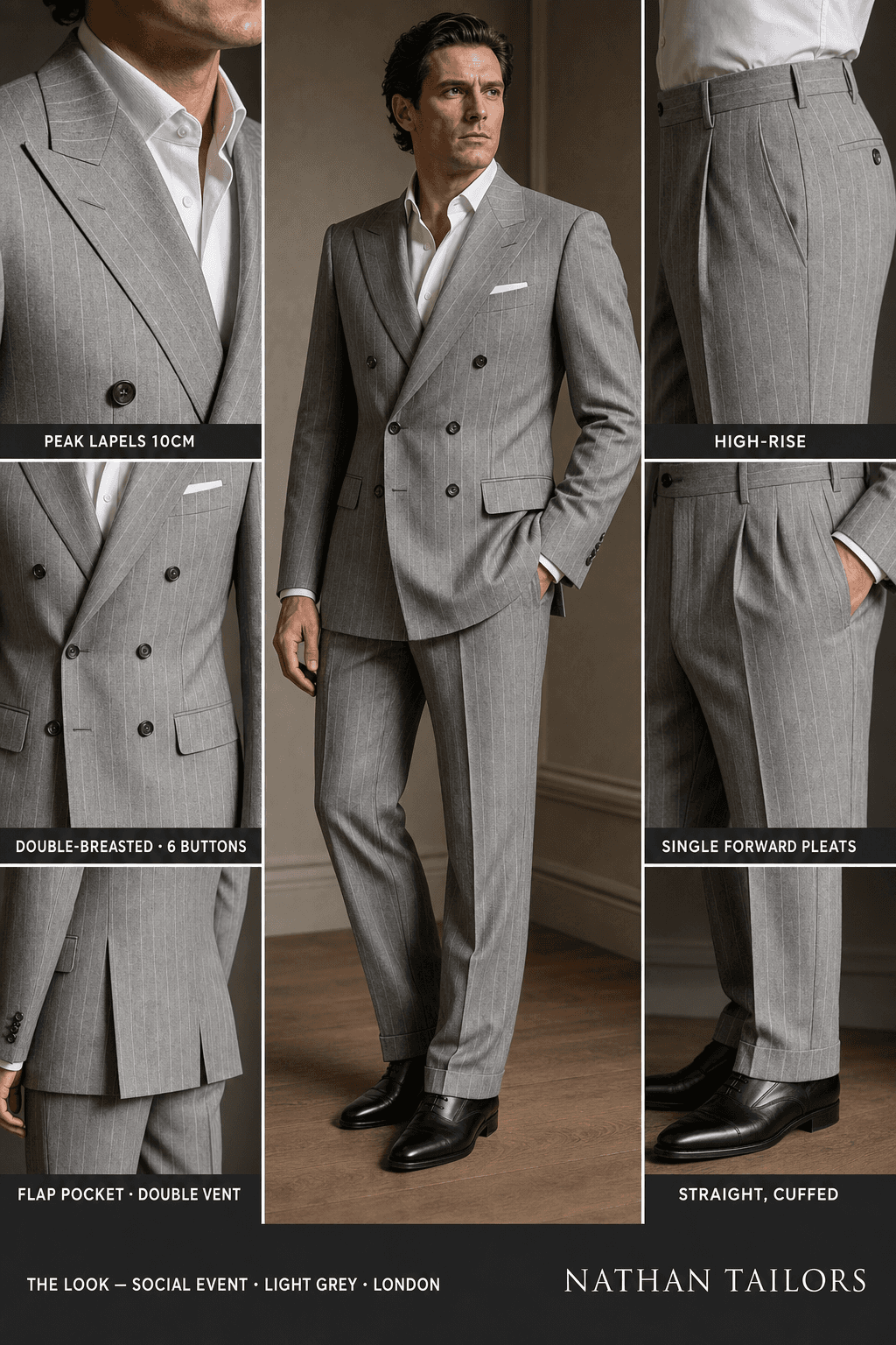 light grey chalk stripe double-breasted peak-lapel online custom suit — designed online at RemoteSuit. Made-to-measure online custom suit available from $129.