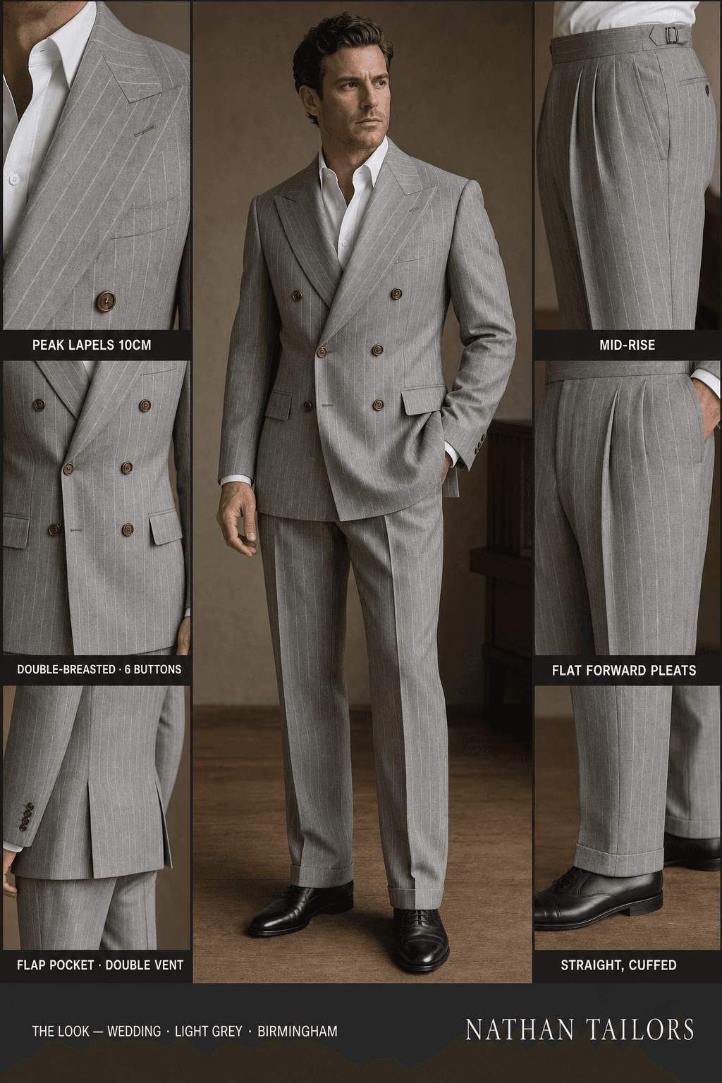 light grey chalk stripe double-breasted peak-lapel online custom suit — designed online at RemoteSuit. Made-to-measure online custom suit available from $129.
