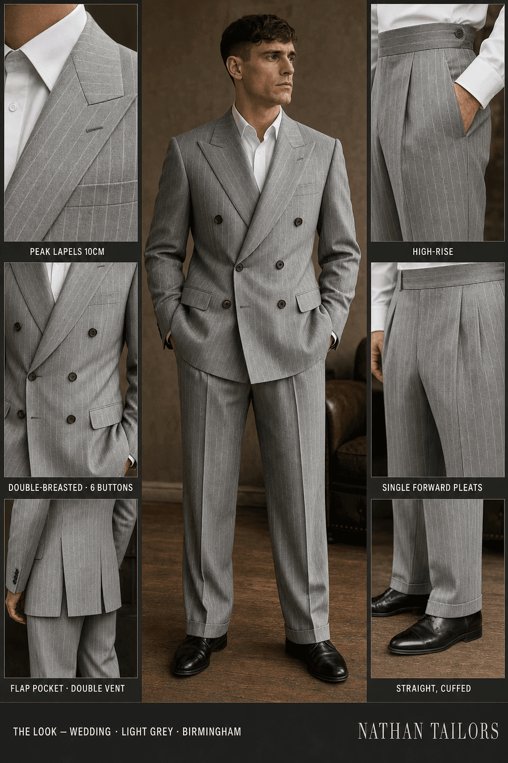 light grey chalk stripe double-breasted peak-lapel online custom suit — designed online at RemoteSuit. Made-to-measure online custom suit available from $129.