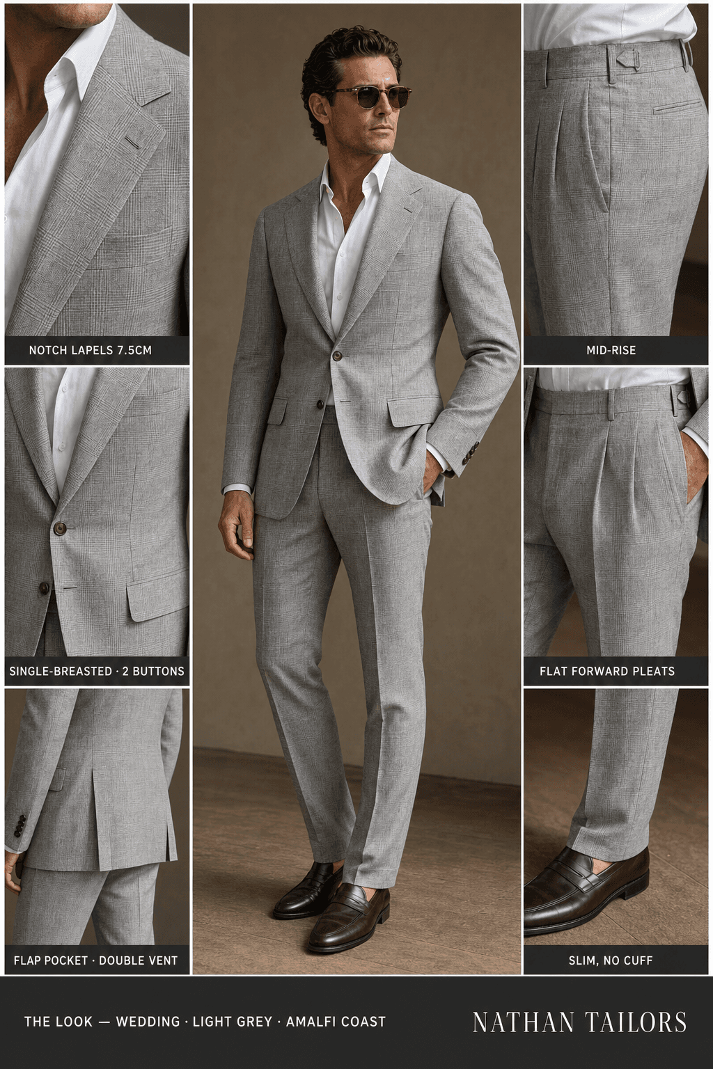 light grey glen plaid single-breasted notch-lapel online custom suit — designed online at RemoteSuit. Made-to-measure online custom suit available from $129.