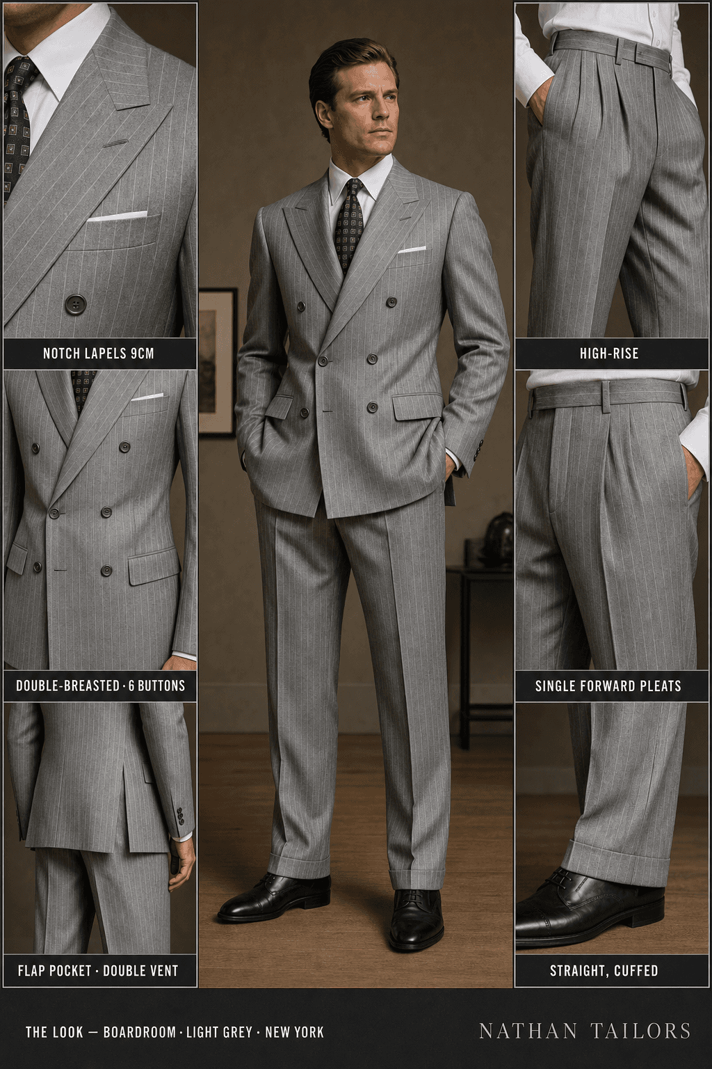 light grey pinstripe double-breasted online custom suit — designed at RemoteSuit, made to measure online
