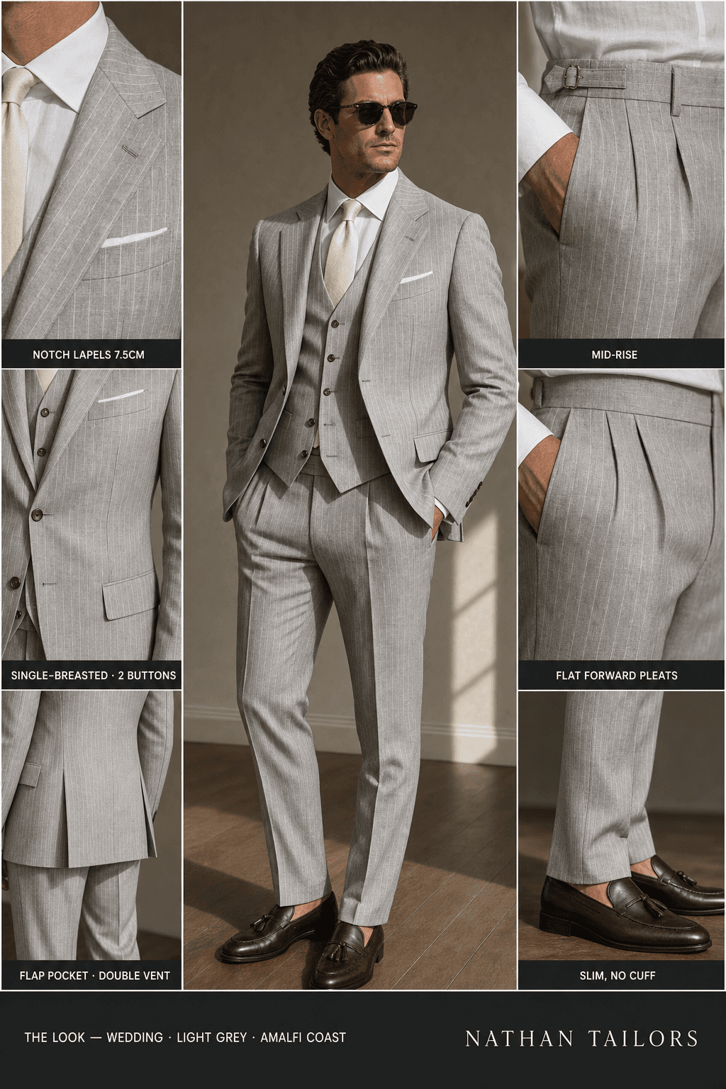 light grey pinstripe single-breasted notch-lapel online custom suit — designed online at RemoteSuit. Made-to-measure online custom suit available from $129.