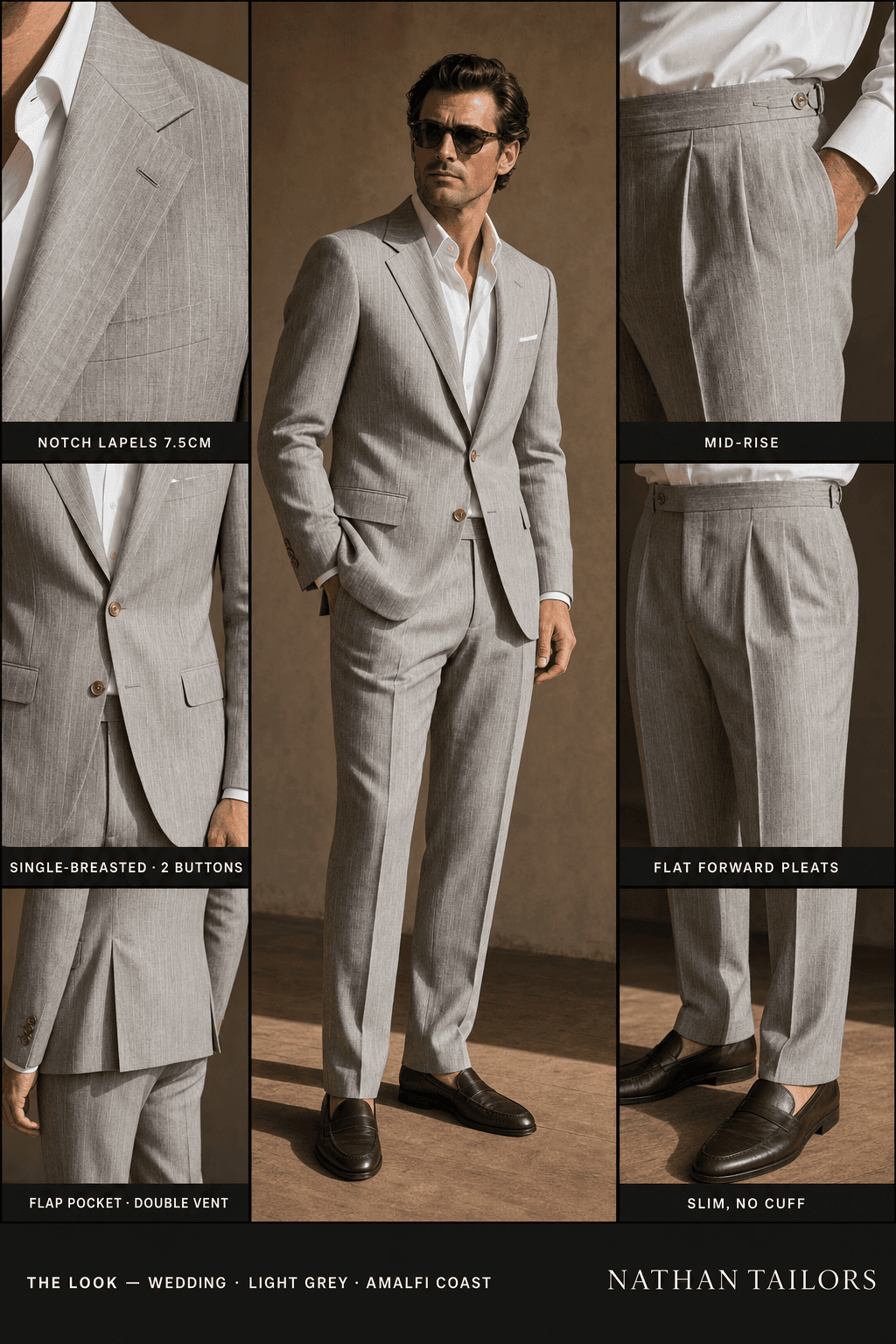 light grey pinstripe single-breasted notch-lapel online custom suit — designed online at RemoteSuit. Made-to-measure online custom suit available from $129.
