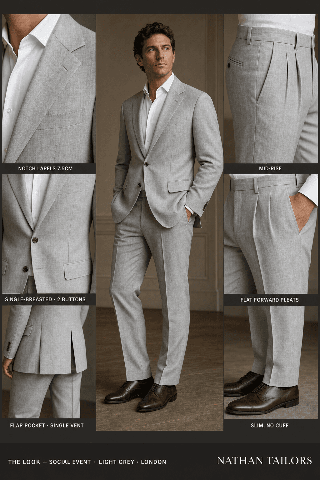 light grey single-breasted notch-lapel online custom suit — designed online at RemoteSuit. Made-to-measure online custom suit available from $129.