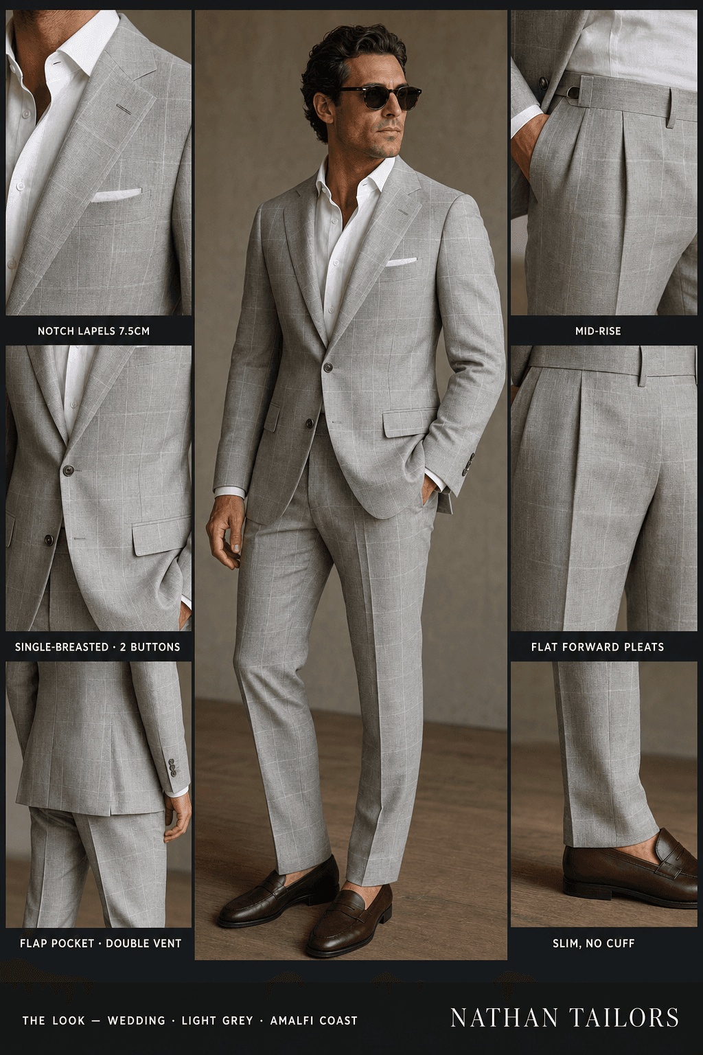 light grey windowpane single-breasted notch-lapel online custom suit — designed online at RemoteSuit. Made-to-measure online custom suit available from $129.