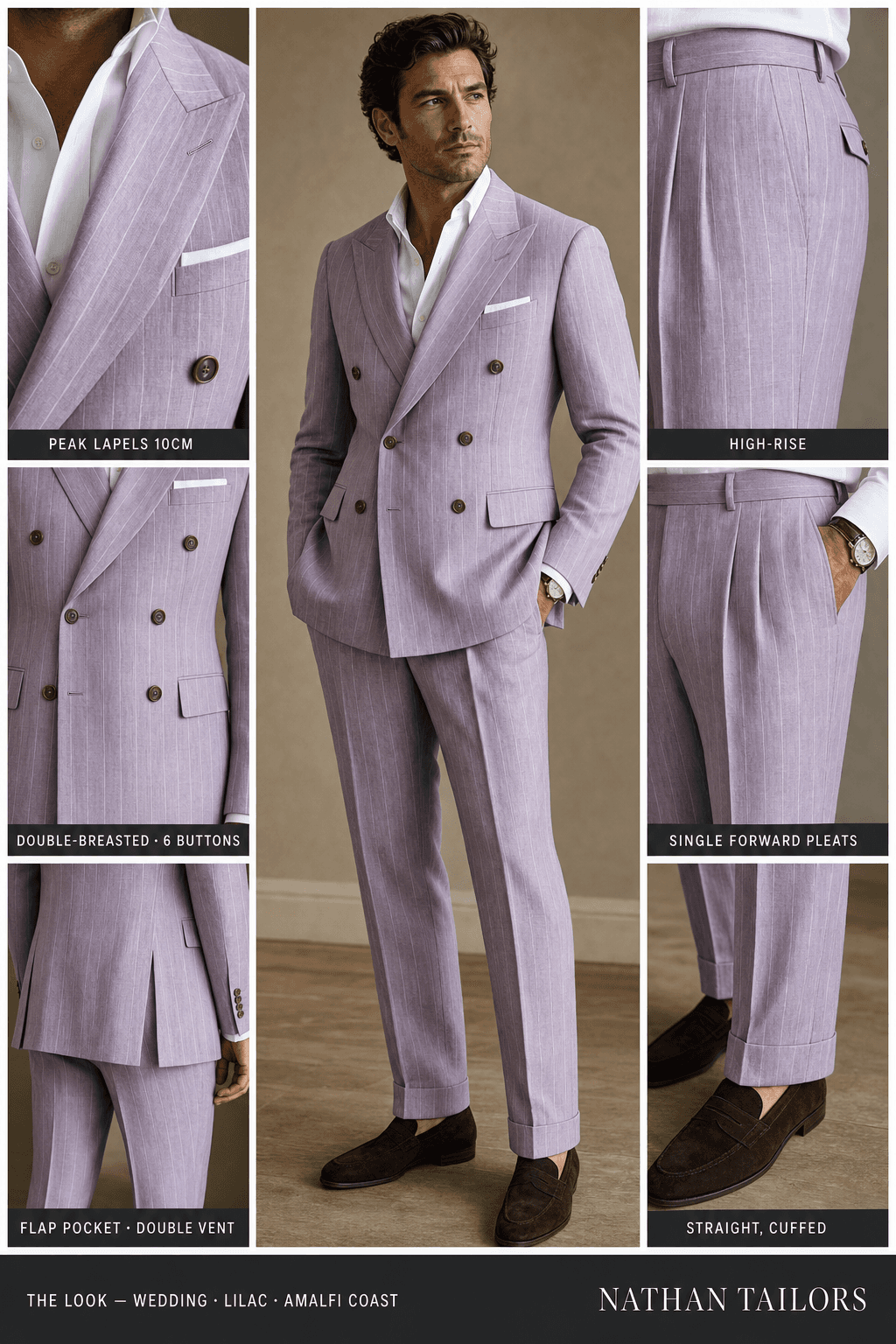 lilac pinstripe double-breasted peak-lapel online custom suit — designed online at RemoteSuit. Made-to-measure online custom suit available from $149.