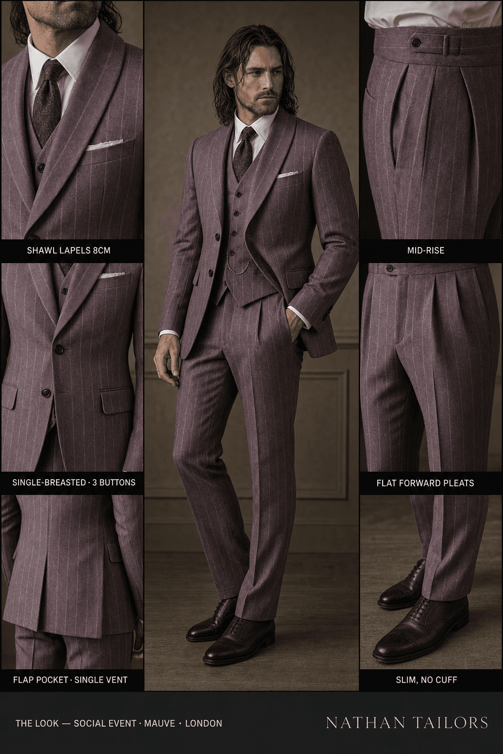 mauve chalk stripe single-breasted shawl-lapel online custom suit — designed online at RemoteSuit. Made-to-measure online custom suit available from $149.