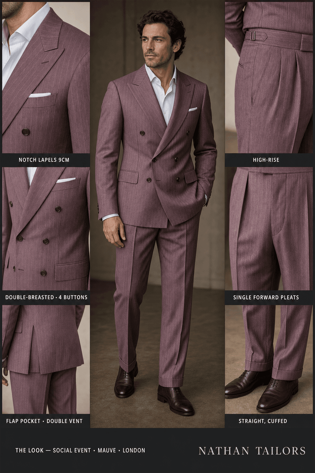 mauve pinstripe double-breasted notch-lapel online custom suit — designed online at RemoteSuit. Made-to-measure online custom suit available from $129.