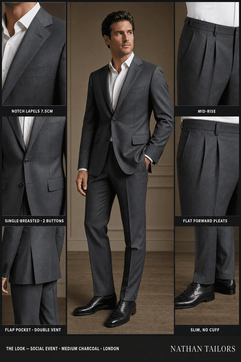 Medium Charcoal single-breasted notch-lapel online custom suit — designed online at RemoteSuit. Made-to-measure online custom suit available from $129.