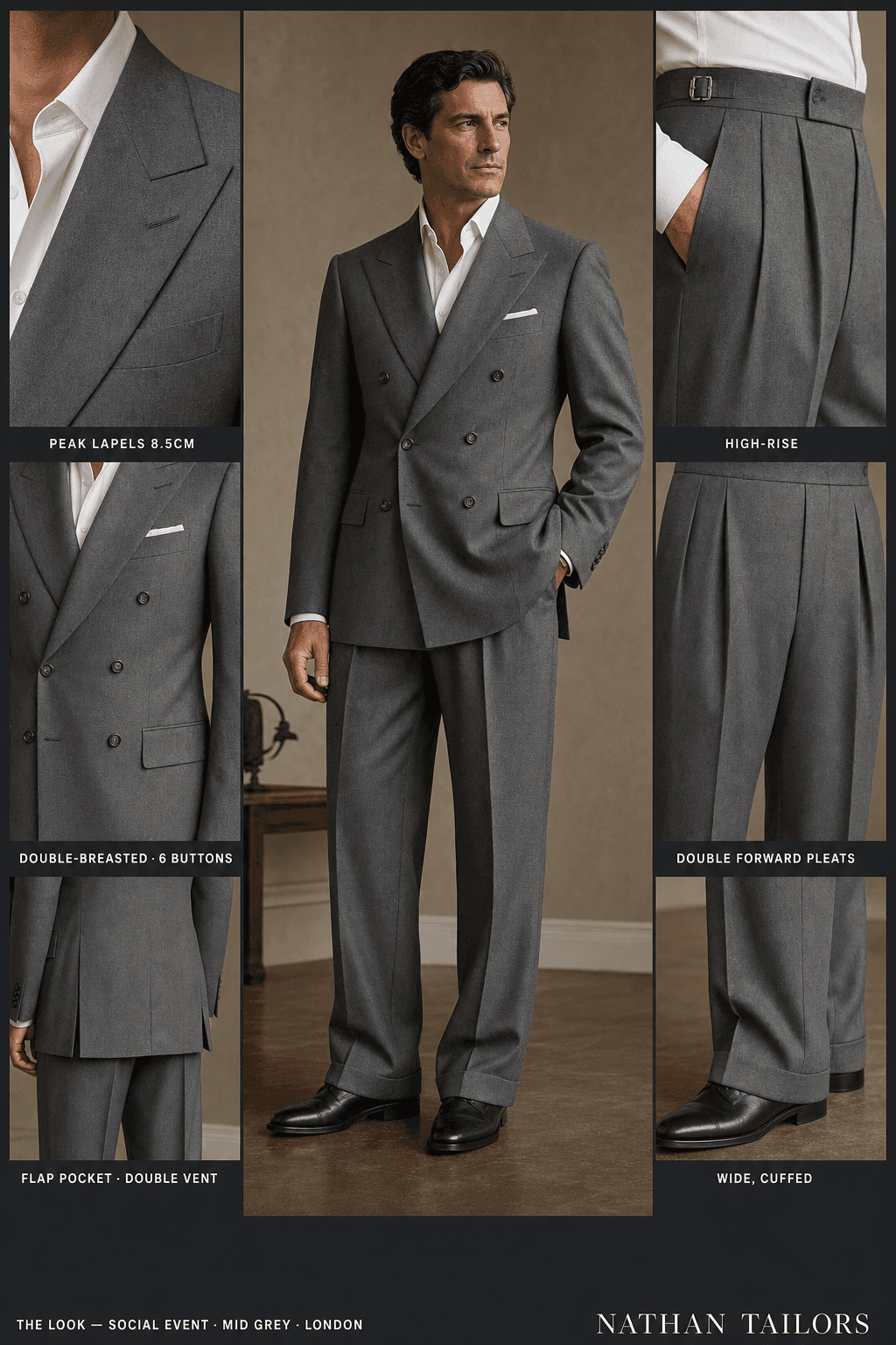 mid grey double-breasted peak-lapel online custom suit — designed online at RemoteSuit. Made-to-measure online custom suit available from $129.