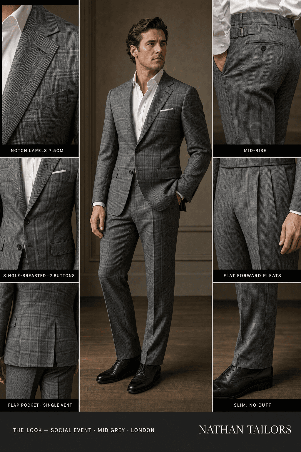 mid grey glen plaid single-breasted notch-lapel online custom suit — designed online at RemoteSuit. Made-to-measure online custom suit available from $149.
