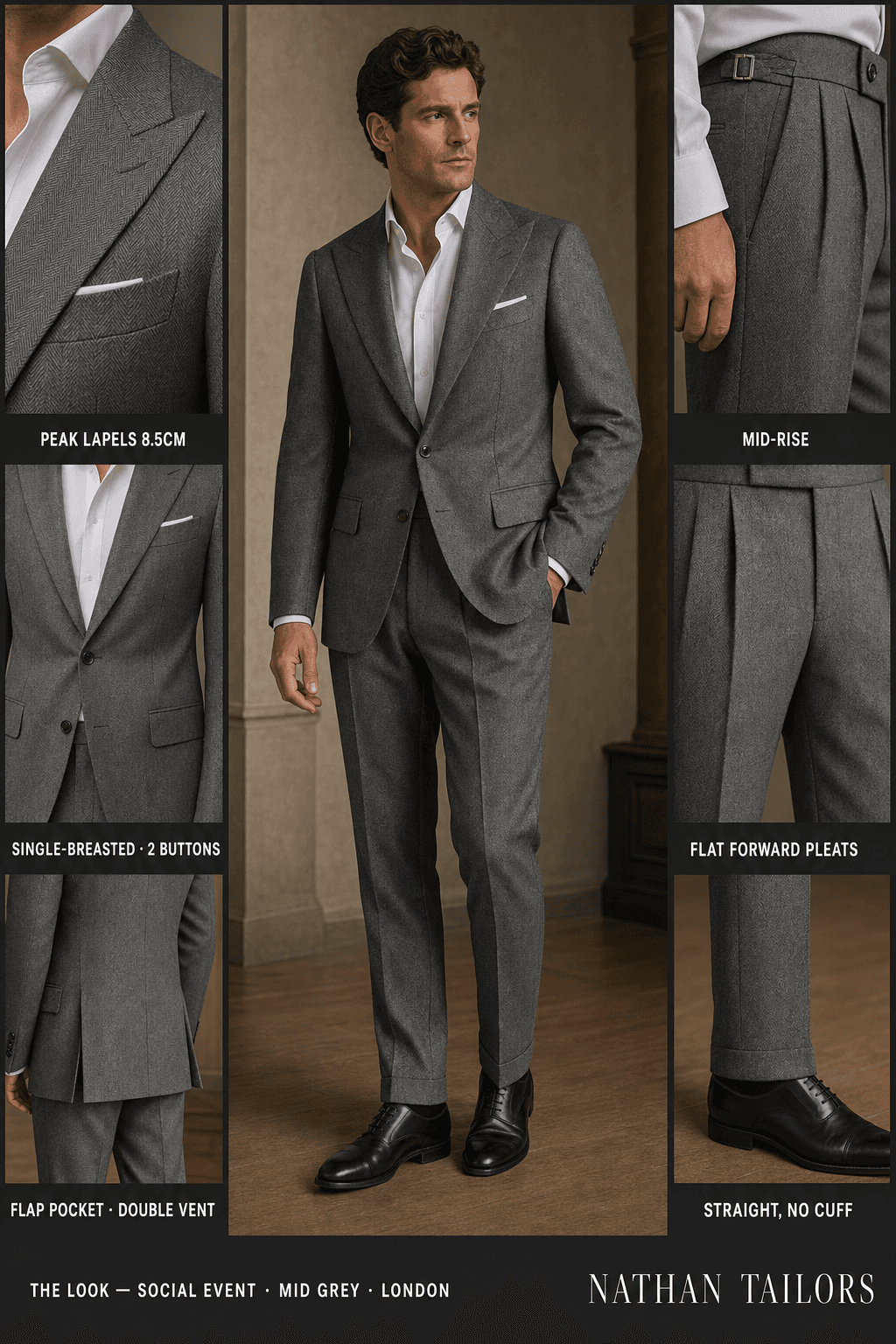 mid grey herringbone single-breasted peak-lapel online custom suit — designed online at RemoteSuit. Made-to-measure online custom suit available from $129.