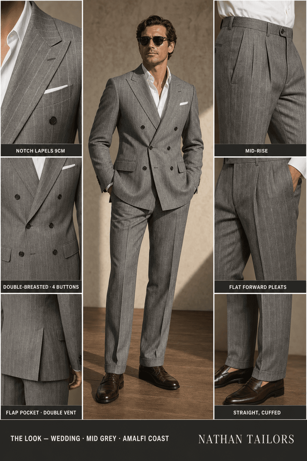 mid grey pinstripe double-breasted notch-lapel online custom suit — designed online at RemoteSuit. Made-to-measure online custom suit available from $129.