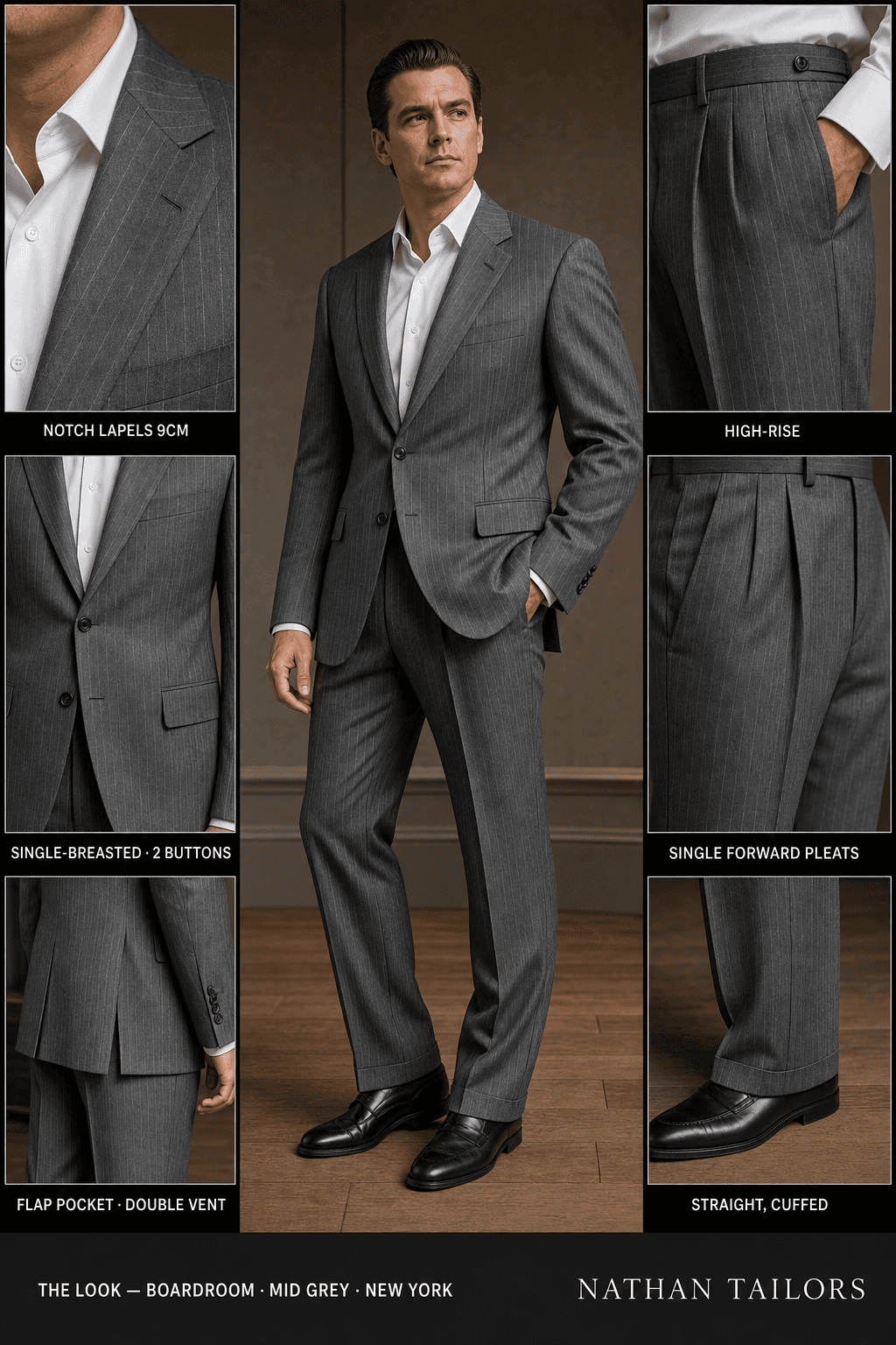 mid grey pinstripe single-breasted notch-lapel online custom suit — designed online at RemoteSuit. Made-to-measure online custom suit available from $129.