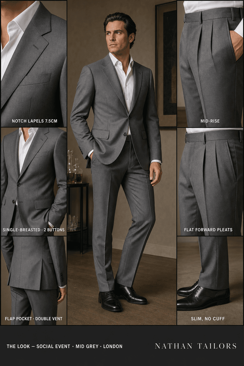 mid grey single-breasted notch-lapel online custom suit — designed online at RemoteSuit. Made-to-measure online custom suit available from $129.