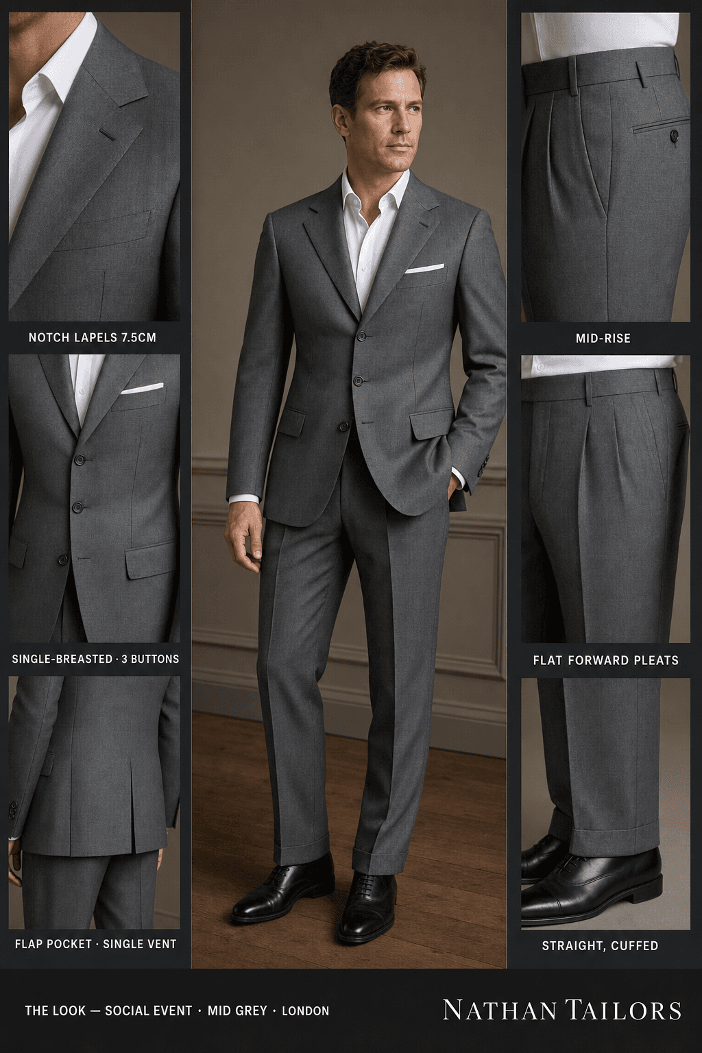 mid grey single-breasted notch-lapel online custom suit — designed online at RemoteSuit. Made-to-measure online custom suit available from $149.