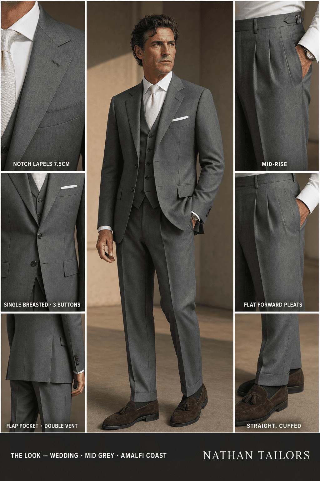 mid grey single-breasted notch-lapel online custom suit — designed online at RemoteSuit. Made-to-measure online custom suit available from $109.
