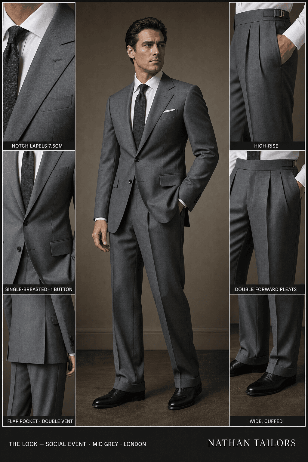 mid grey single-breasted notch-lapel online custom suit — designed online at RemoteSuit. Made-to-measure online custom suit available from $129.