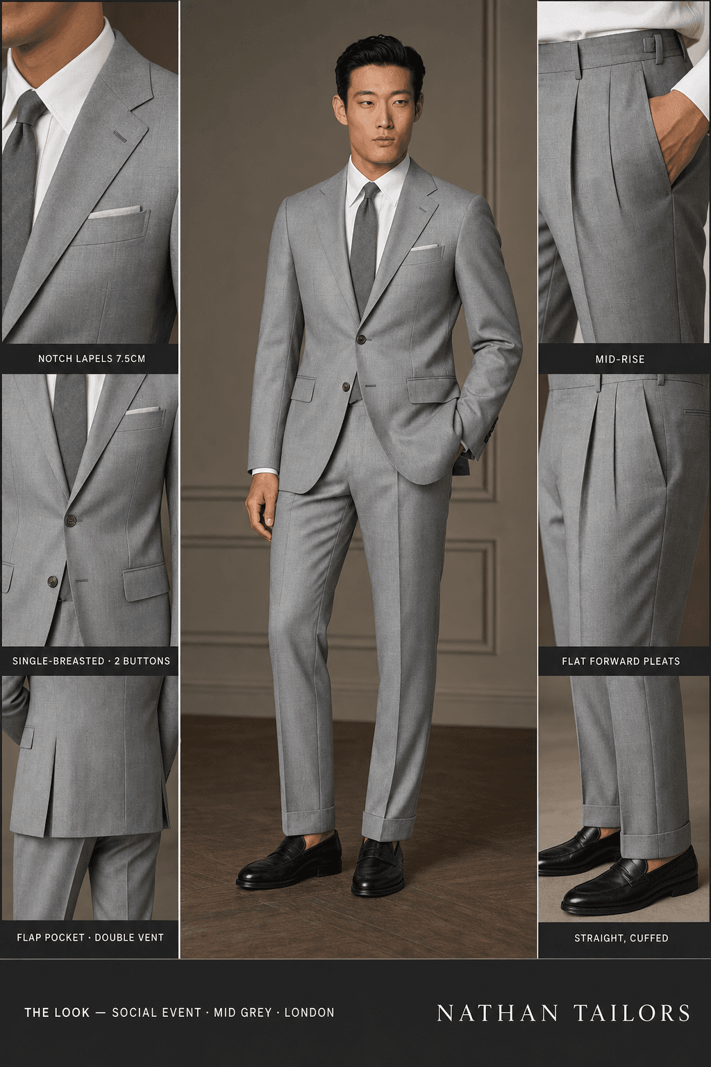 mid grey single-breasted notch-lapel online custom suit — designed online at RemoteSuit. Made-to-measure online custom suit available from $149.